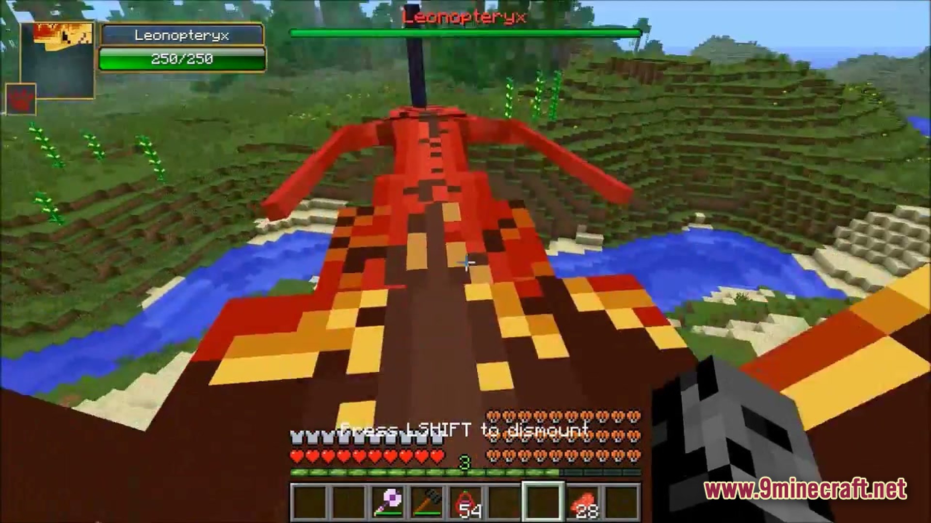 Ore Spawn Adventuree Modpack Screenshot 3 A player flies a red Leonopteryx creature over a grassy Minecraft biome with rivers and hills