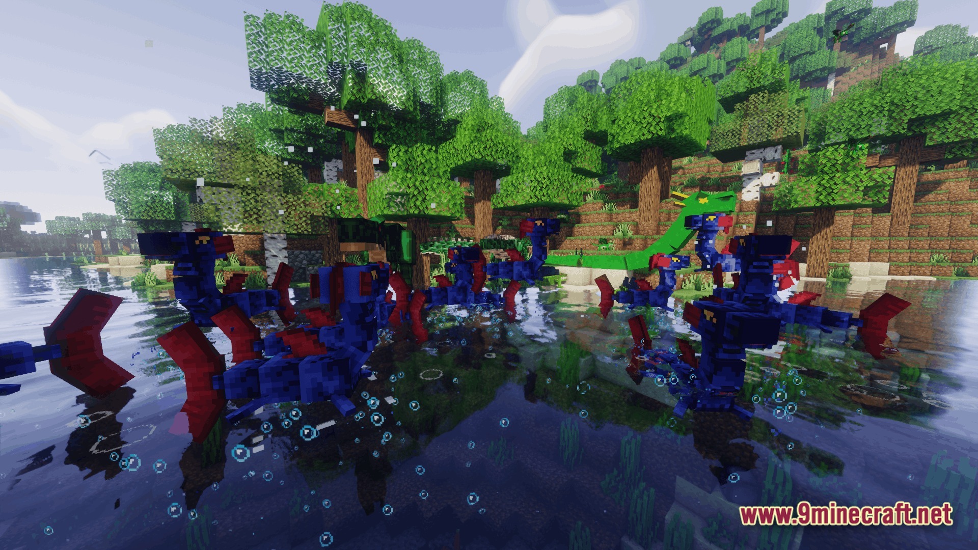 Ore Spawn Adventuree Modpack Screenshot 7 A group of blue and red sea monsters swimming in a river near a forested shoreline
