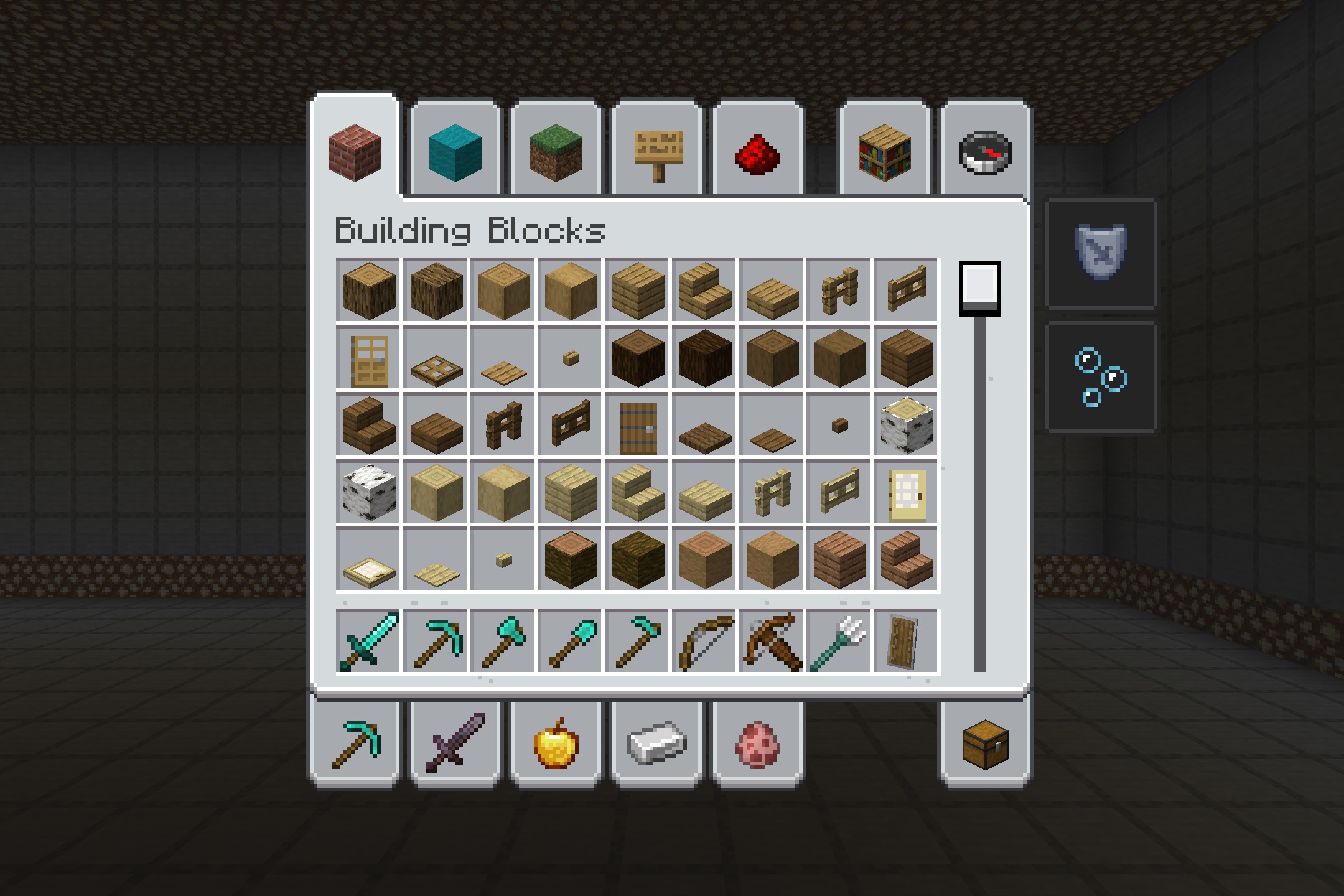 Creative inventory screen showing building blocks with a clean Bedrock style interface