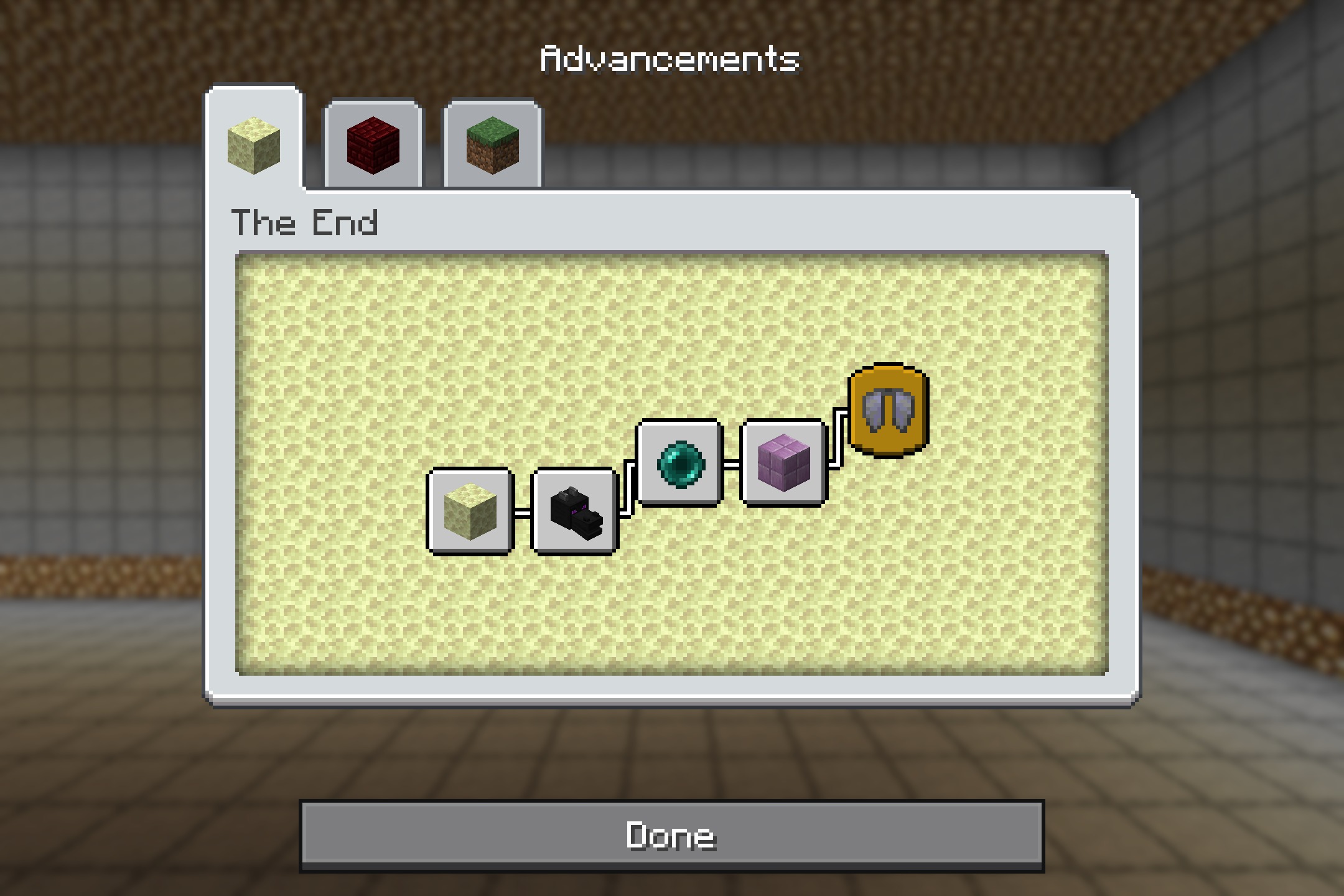 The End advancements screen displaying progress with a modern user interface design