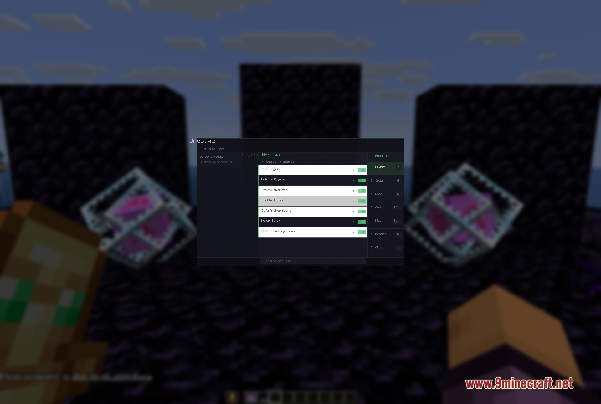 Orestige Client Mod Screenshot 1 The Orestige client menu showing various crystal combat modules for PvP