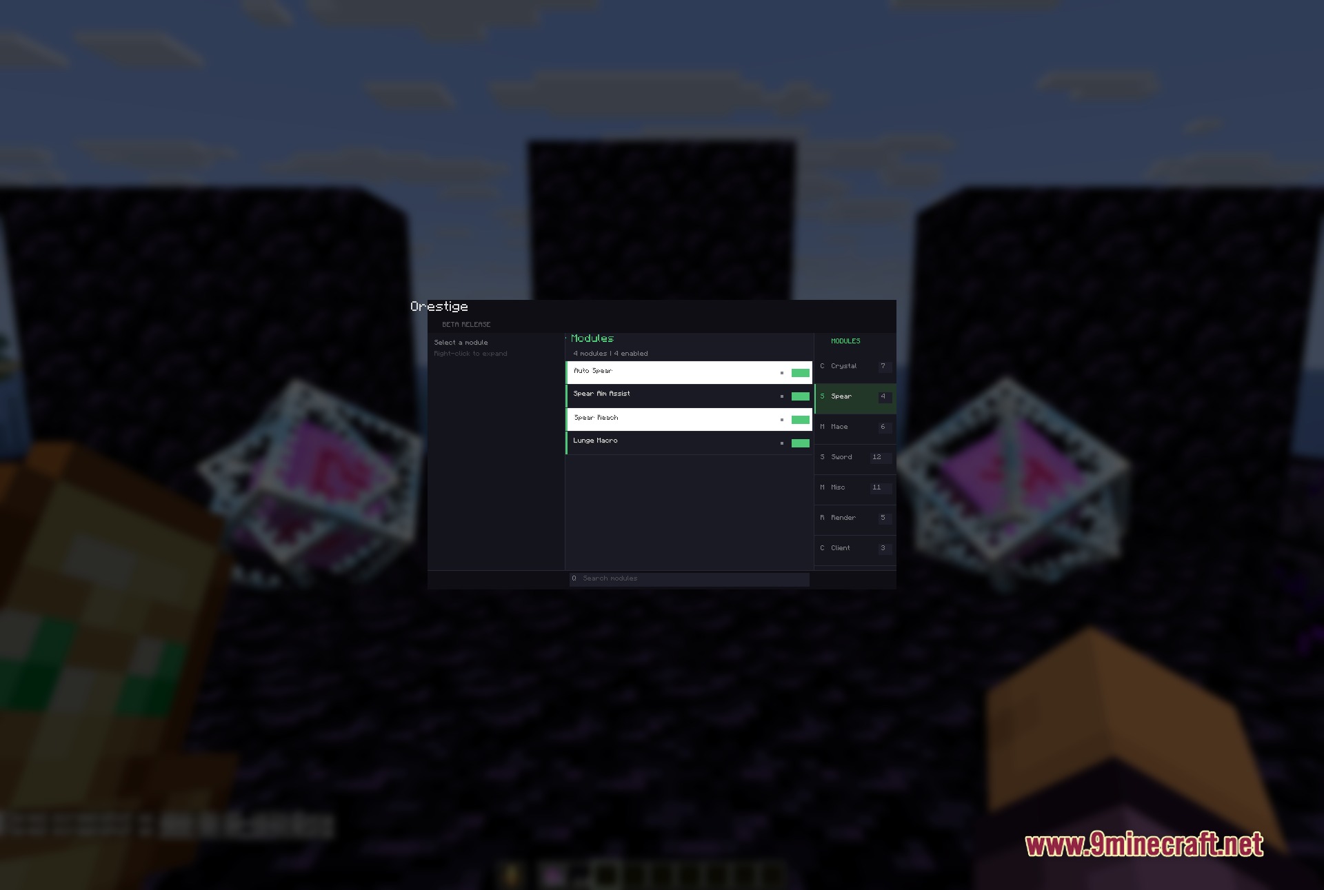 Orestige Client Mod Screenshot 2 A Minecraft client menu displaying spear combat modules near obsidian blocks
