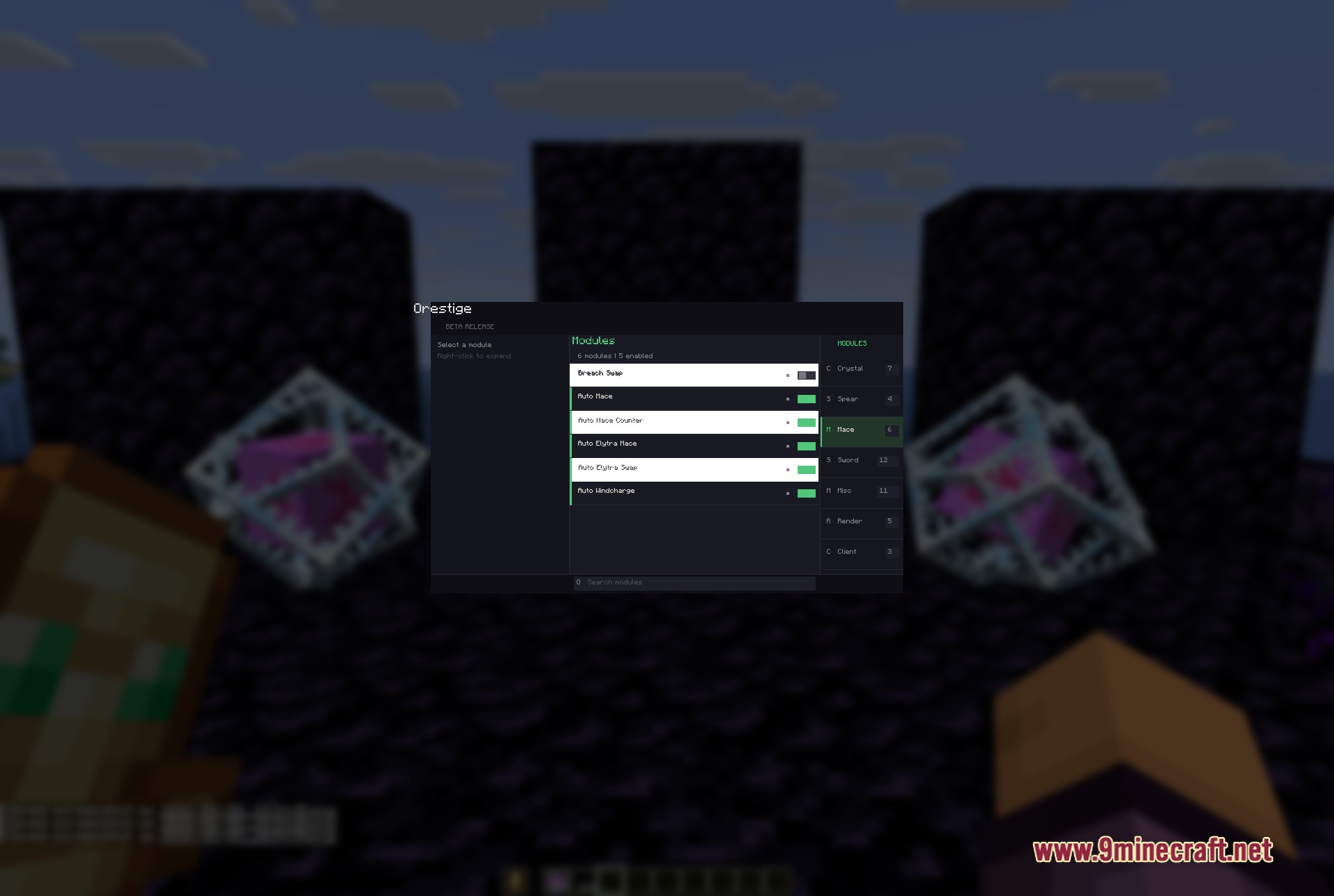 Orestige Client Mod Screenshot 3 Orestige Client interface displaying combat modules for the Mace weapon category