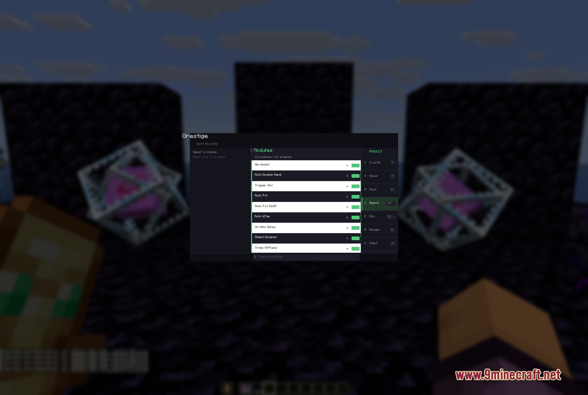Orestige Client Mod Screenshot 4 Minecraft player configuring sword modules in a custom combat client menu