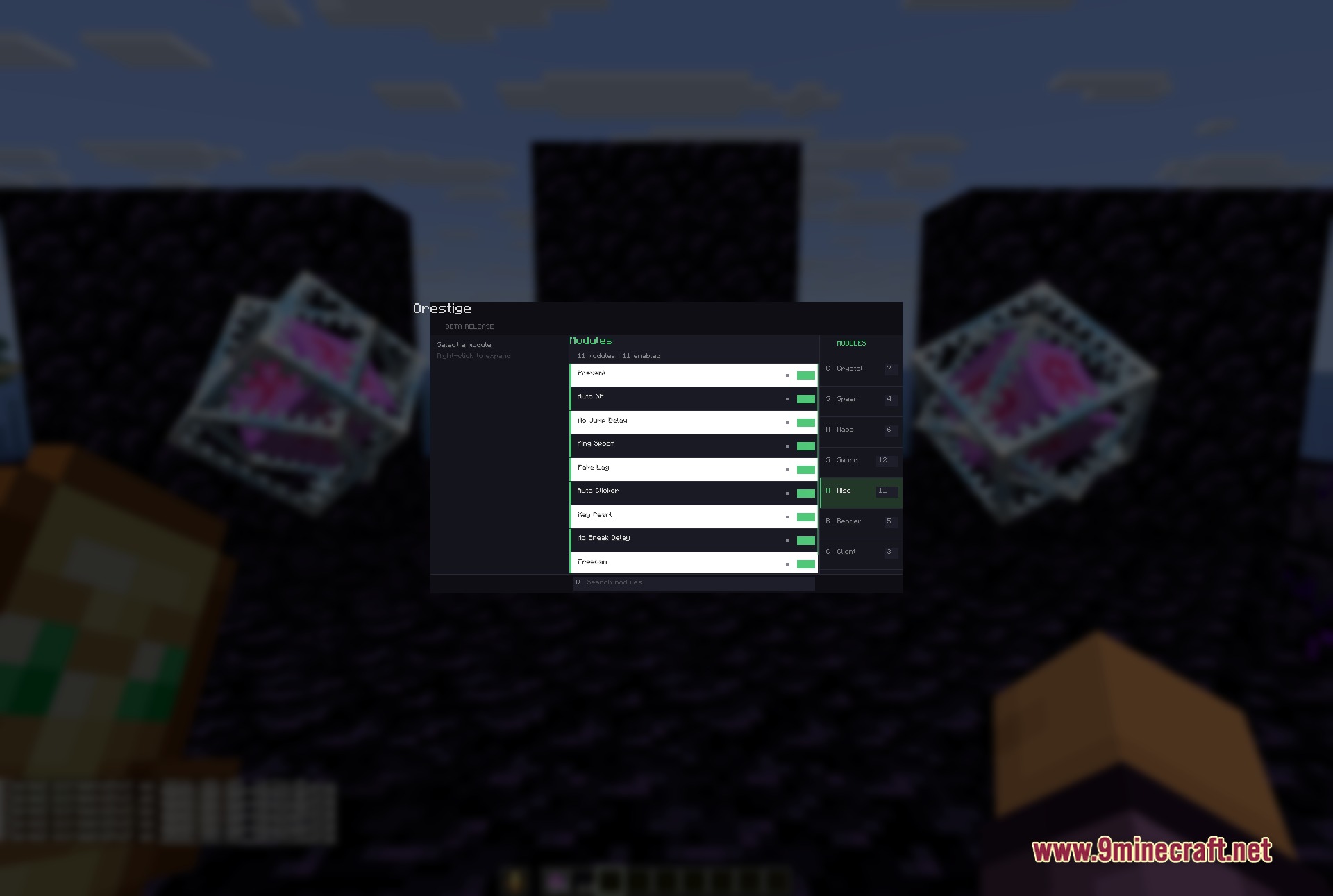 Orestige Client Mod Screenshot 5 The Orestige Client interface displaying various miscellaneous modules for anarchy server combat