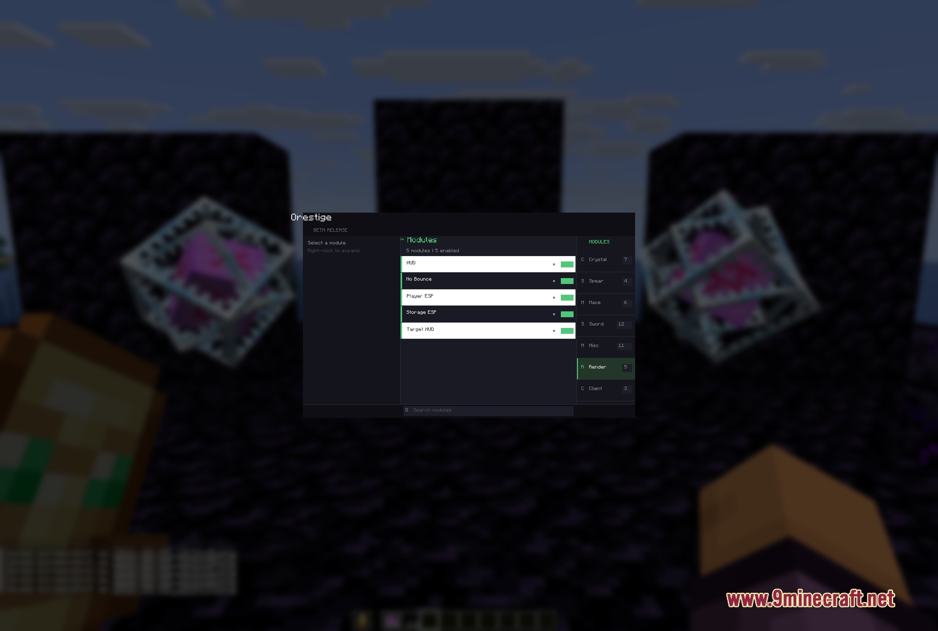 Orestige Client Mod Screenshot 6 The Orestige Client interface displaying render modules including player ESP and target HUD