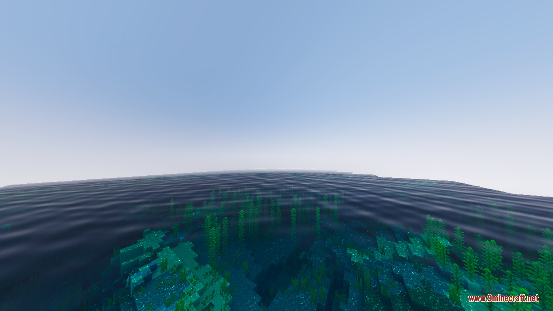 Origin Vibrant Visuals Shader Screenshot 1 Vast ocean with crystal clear water and visible underwater greenery under bright sky