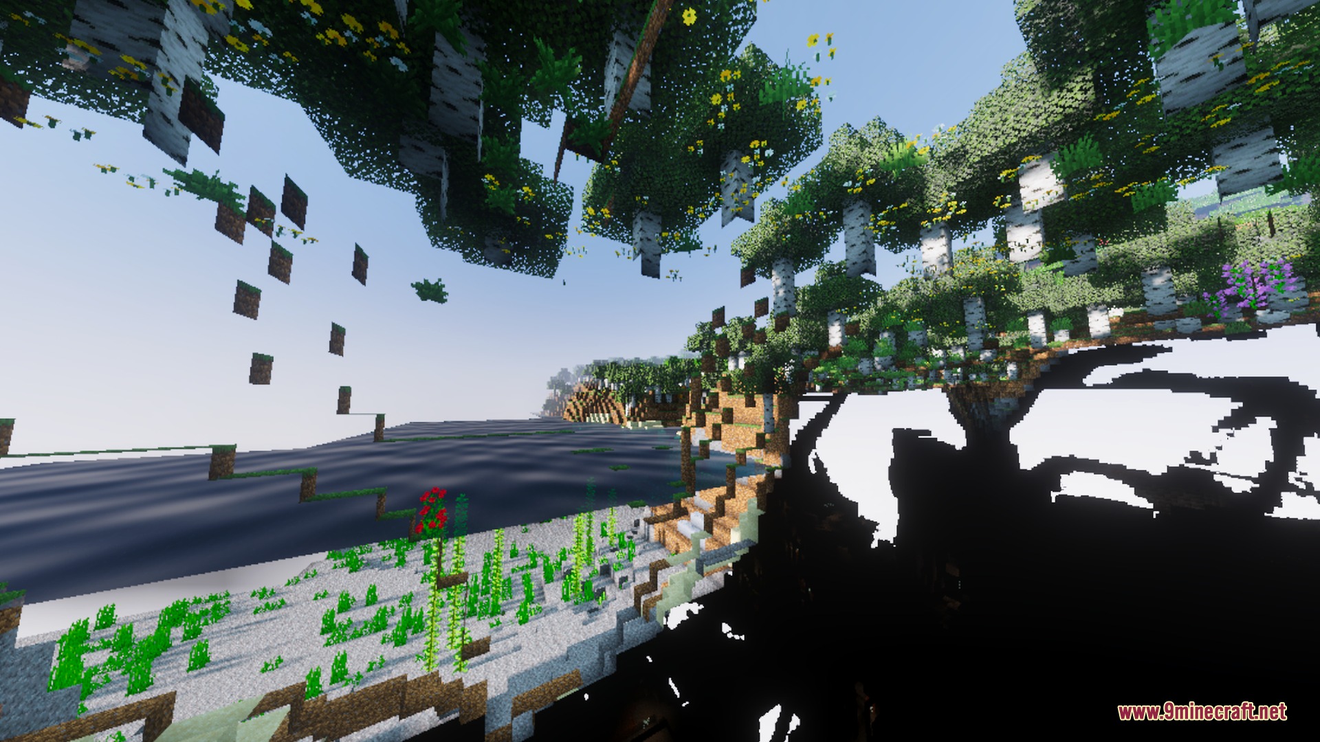 Origin Vibrant Visuals Shader Screenshot 3 Surreal landscape featuring floating birch forests and vibrant flowers over calm water