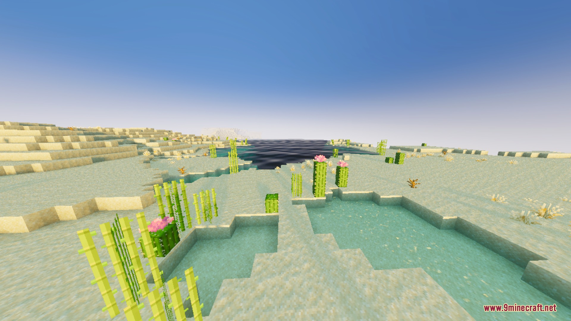 Origin Vibrant Visuals Shader Screenshot 9 Bright desert landscape featuring clear water pools and green sugar cane plants
