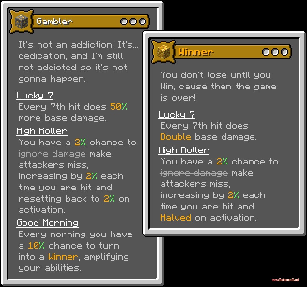 Origins Mystic's Class Pack Data Pack Screenshot 1 Minecraft interface windows detailing the Gambler class from the Mystic Class Pack