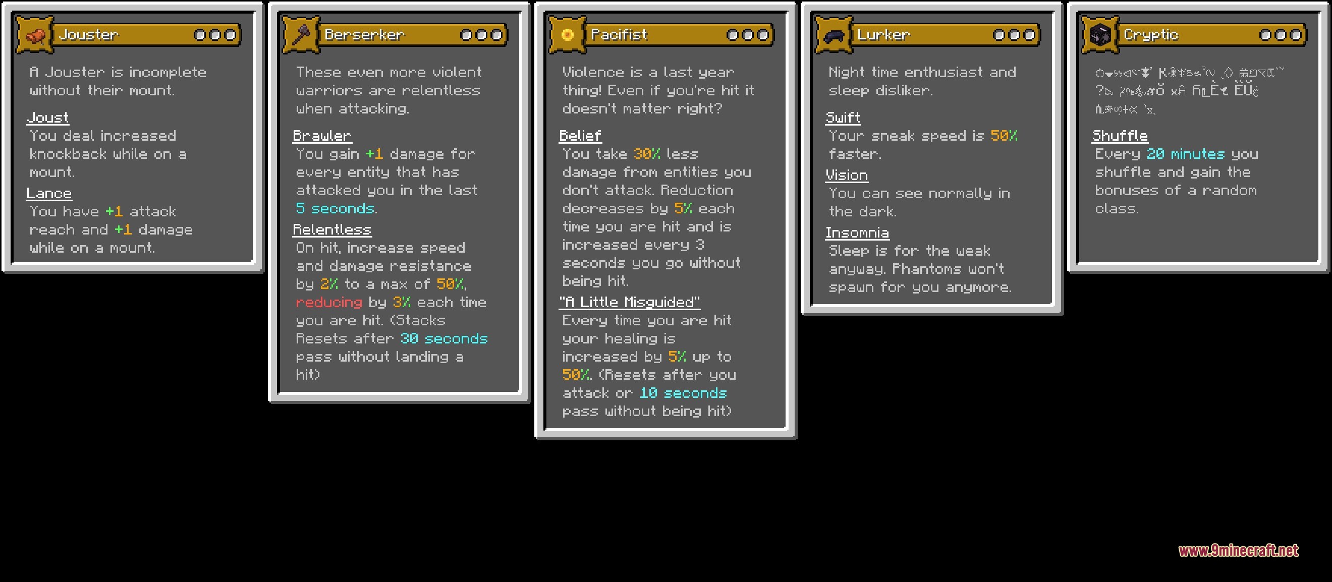 Origins Mystic's Class Pack Data Pack Screenshot 2 Five Minecraft UI panels displaying various player classes from the Mystic Class Pack