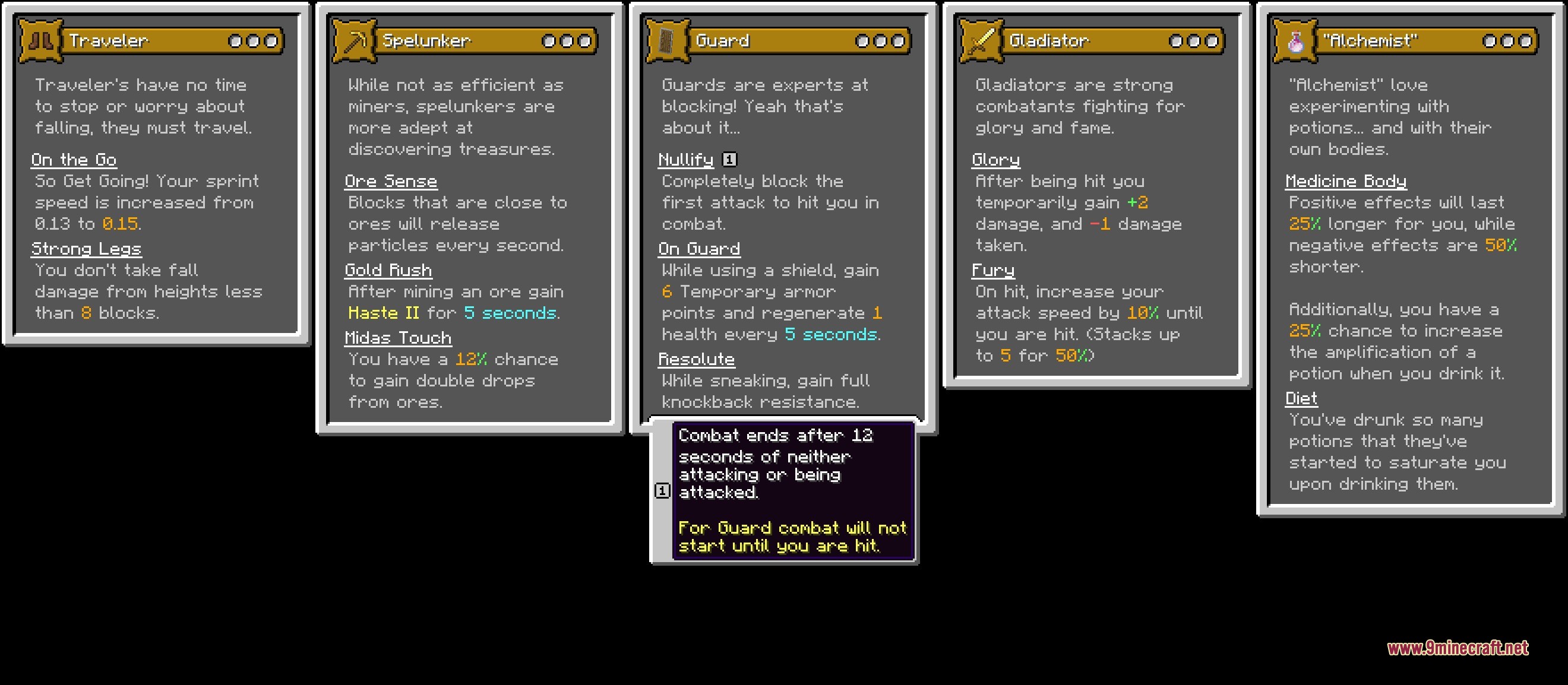 Origins Mystic's Class Pack Data Pack Screenshot 4 Five class selection cards showing abilities for Traveler Spelunker Guard and Gladiator