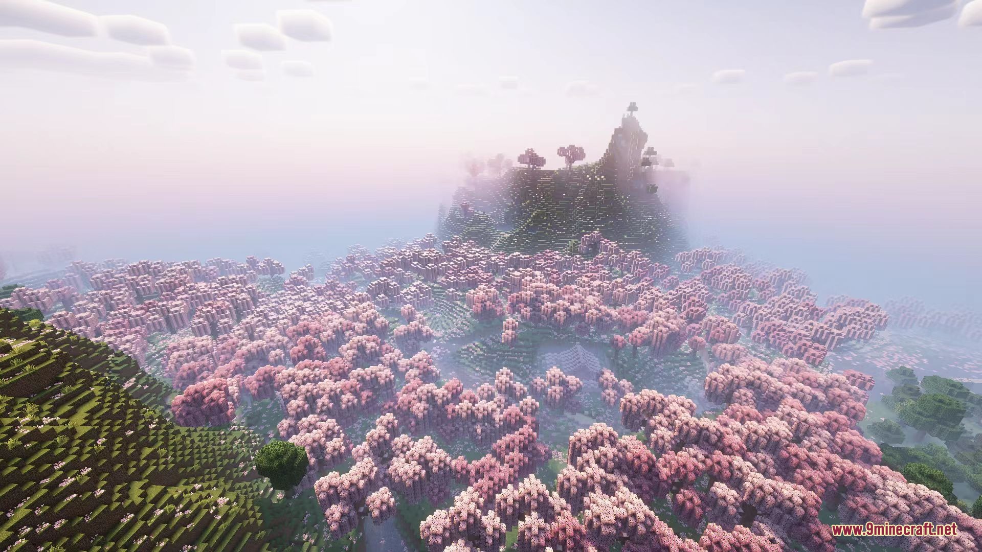 A vast Peach Blossom Spring biome filled with pink trees and mountains