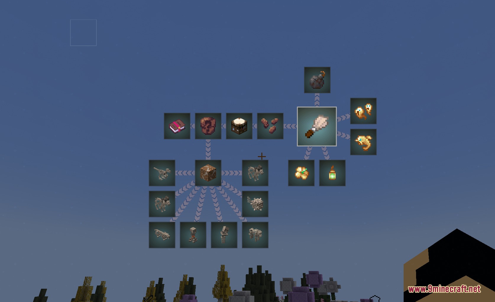 Our Story FTB Quest & Mod Theme Resource Pack Screenshot 2 A floating quest tree display featuring various archaeological items and fossil icons