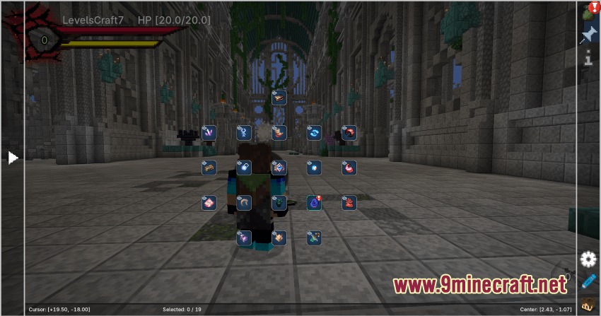 Our Story FTB Quest & Mod Theme Resource Pack Screenshot 3 A player character viewing a custom quest menu in a large stone hall