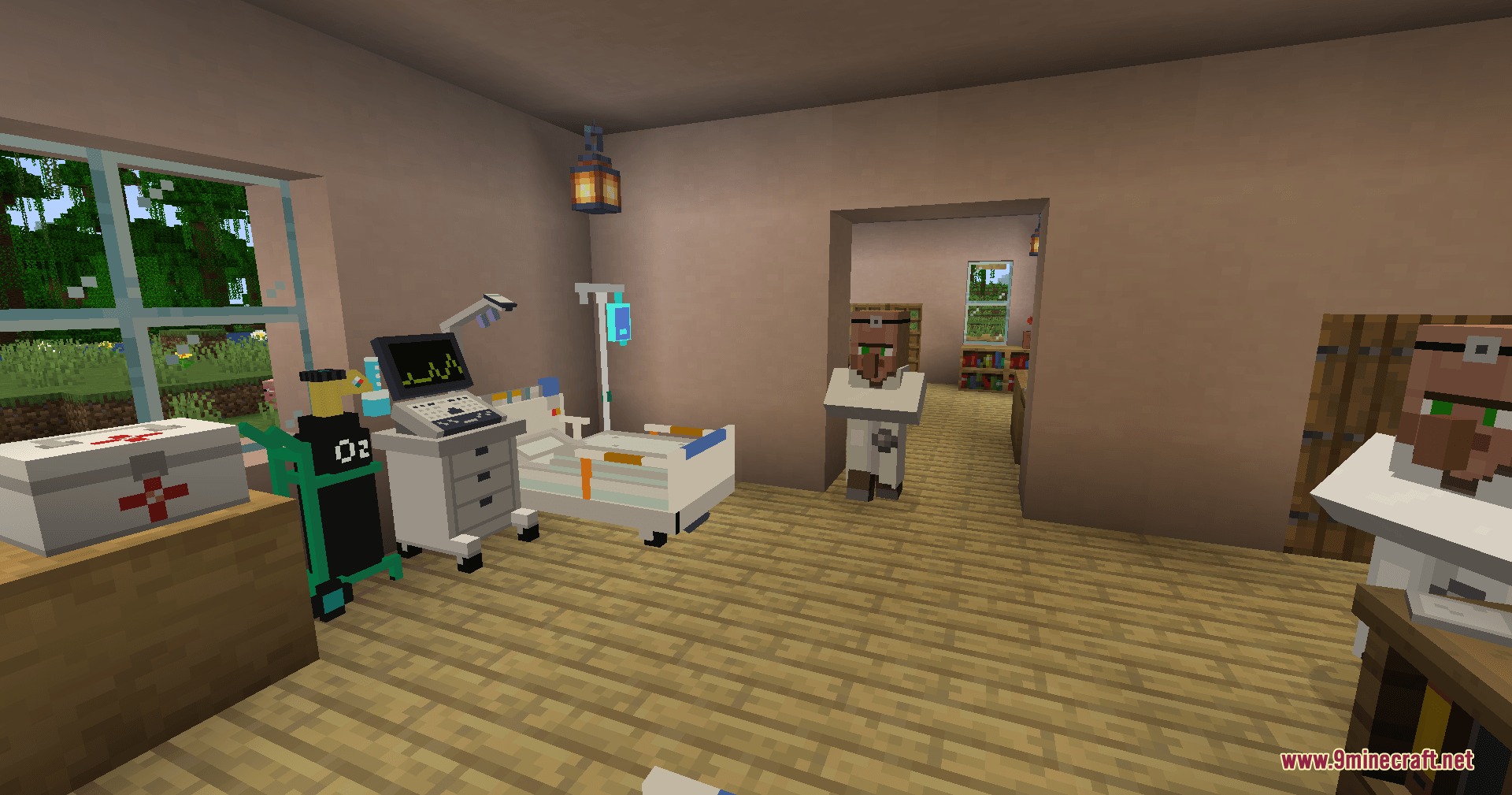 A villager stands inside a clinic with a bed and medical equipment