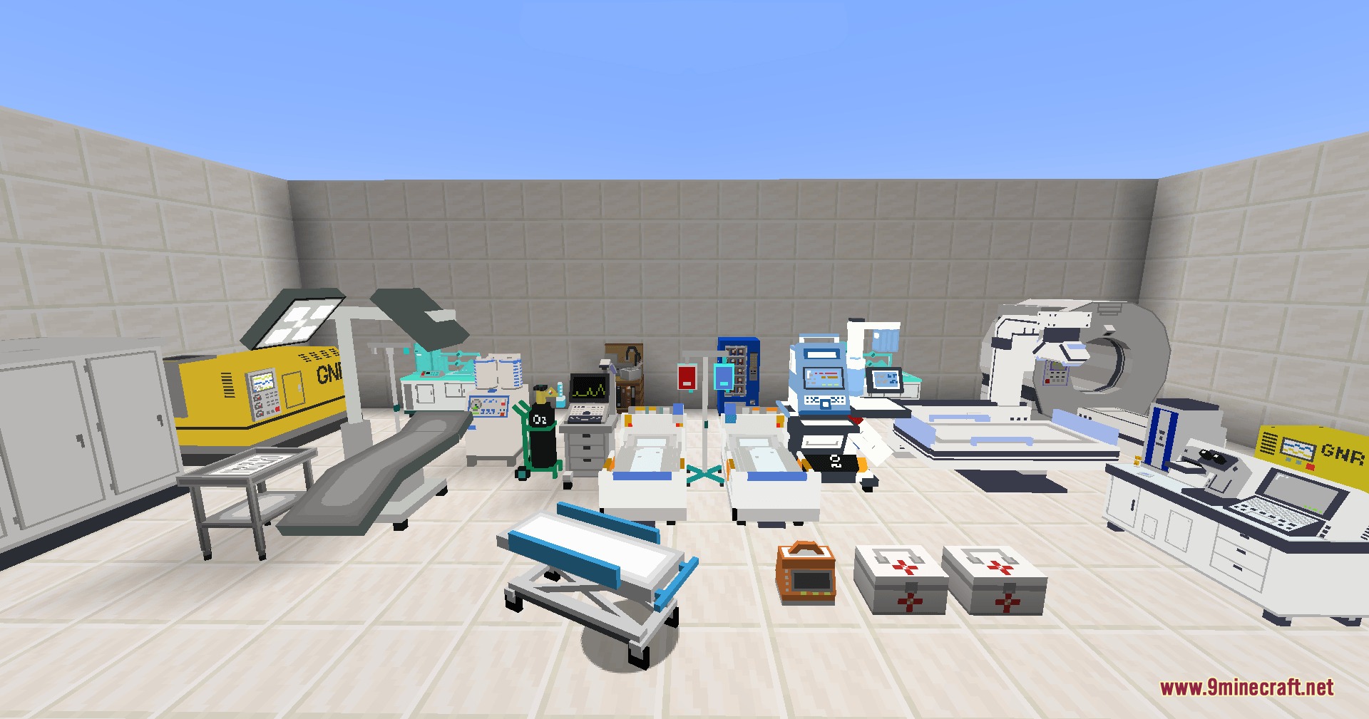 A wide variety of medical equipment and hospital beds in Minecraft