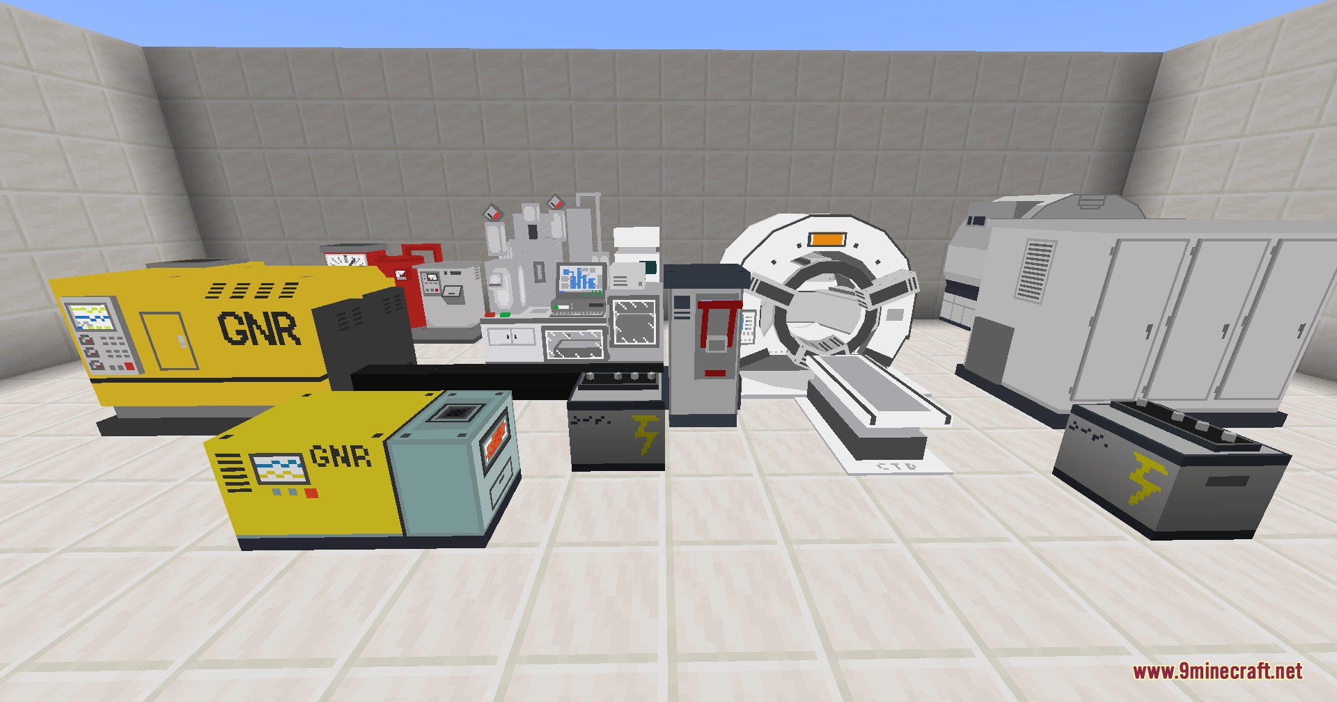 Large yellow power generators and medical scanning machines in a room