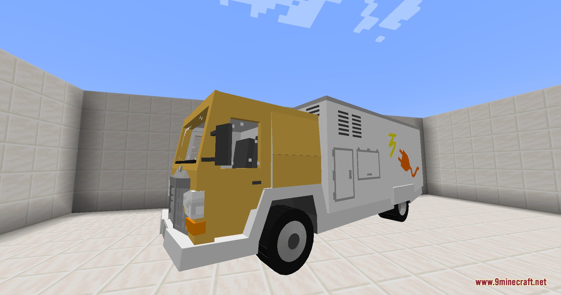 A yellow and white utility truck with an electrical power symbol