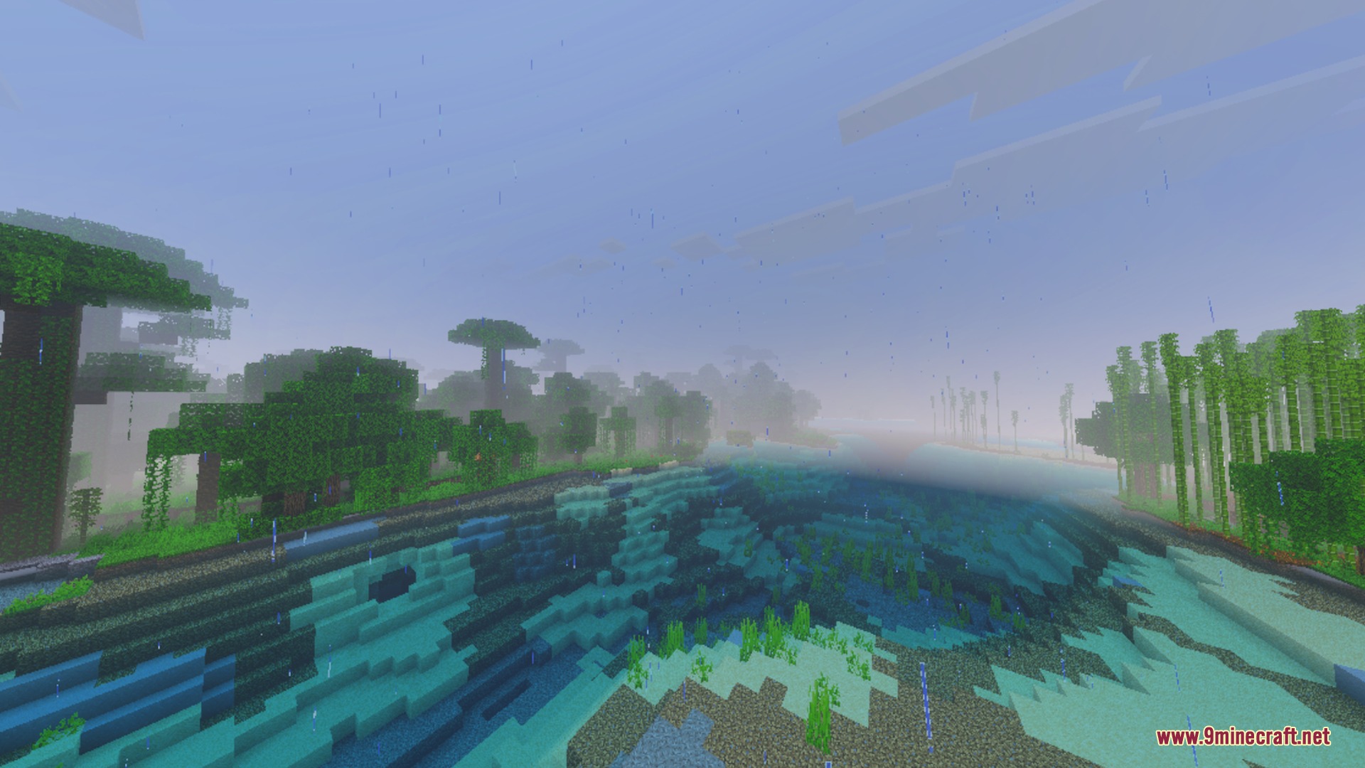 Rain falls over a lush jungle biome with dense trees and bamboo
