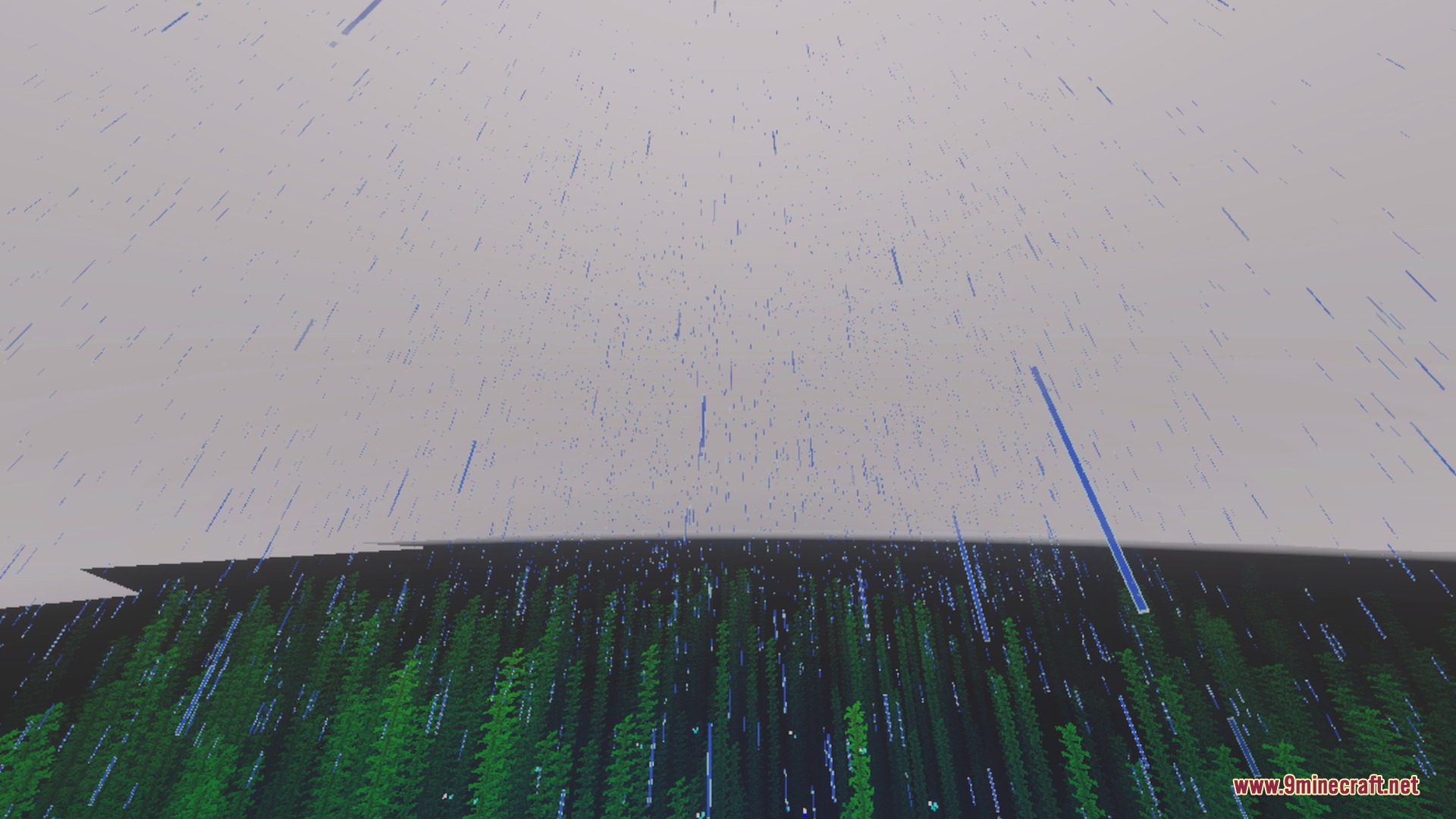 Heavy rain falling over a dark forest with blue outlines on droplets
