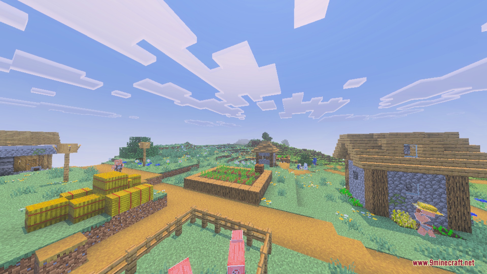 A peaceful village with wooden houses and hay bales showing sharp white edges