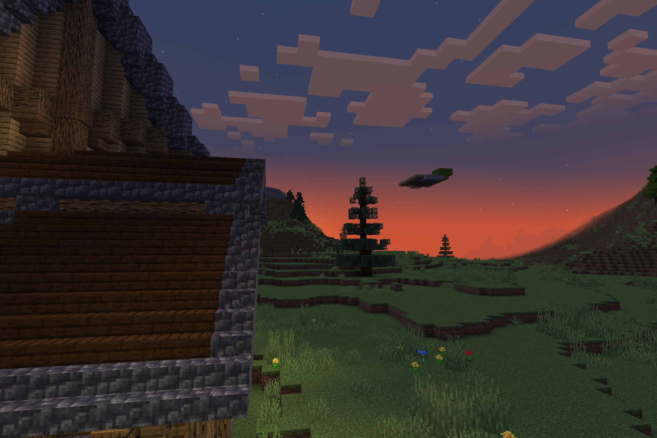 OutlinedOres by Drafys Resource Pack Screenshot 10 Spruce trees and a grassy field viewed from a wooden house at sunset