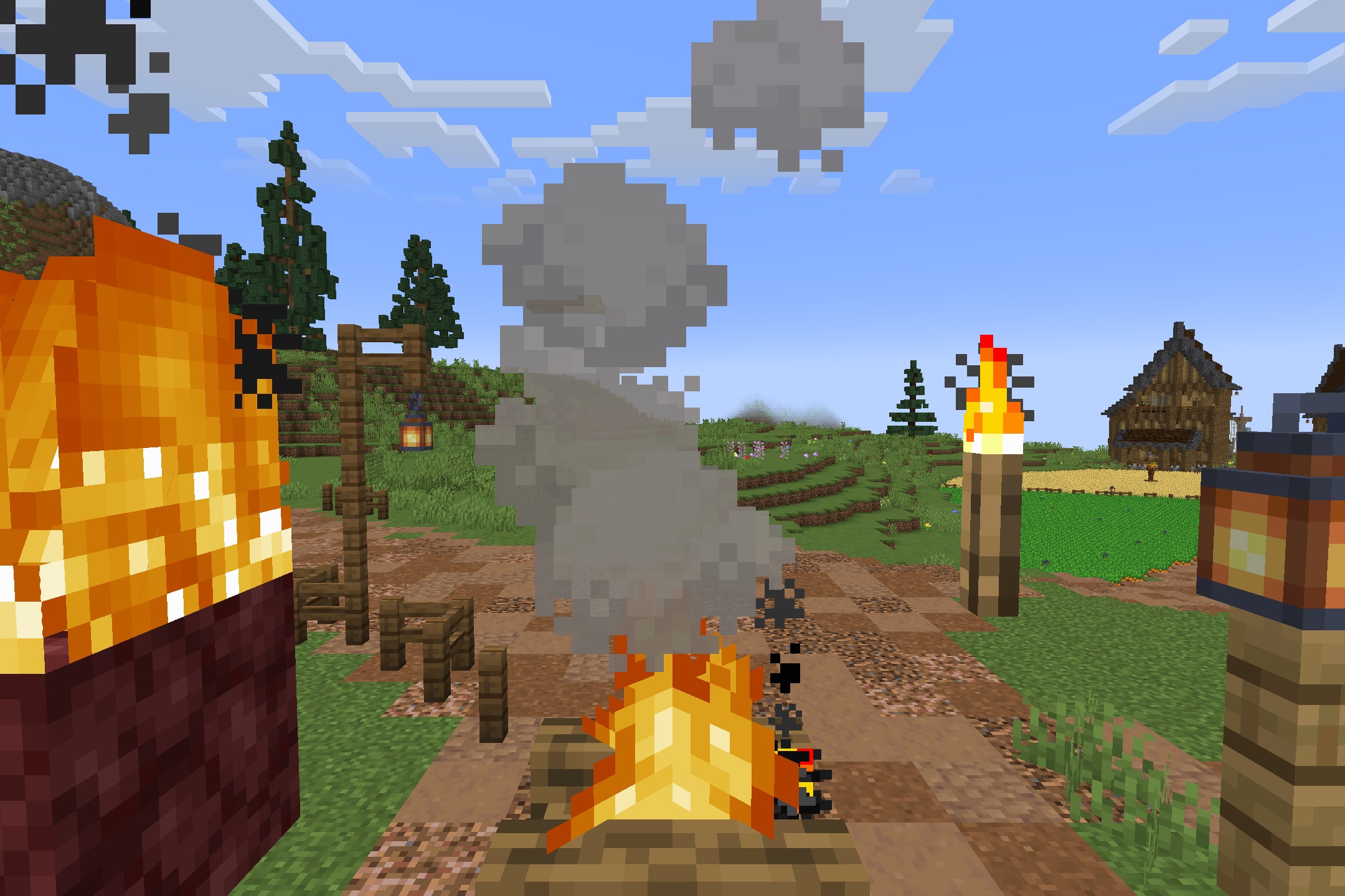 OutlinedOres by Drafys Resource Pack Screenshot 4 Close up view of a burning campfire with smoke rising into the sky