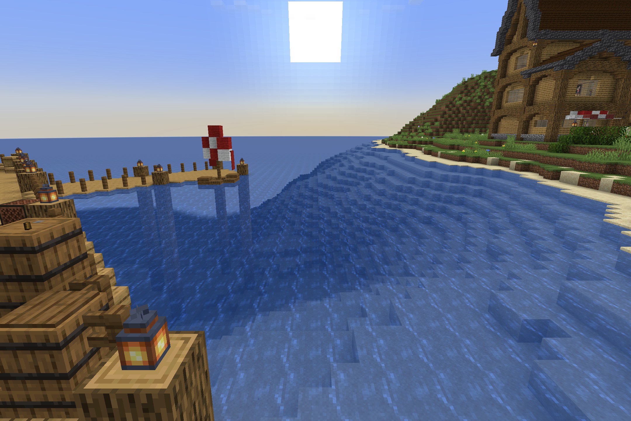 OutlinedOres by Drafys Resource Pack Screenshot 8 Sunlight reflects on the ocean water near a wooden pier and houses
