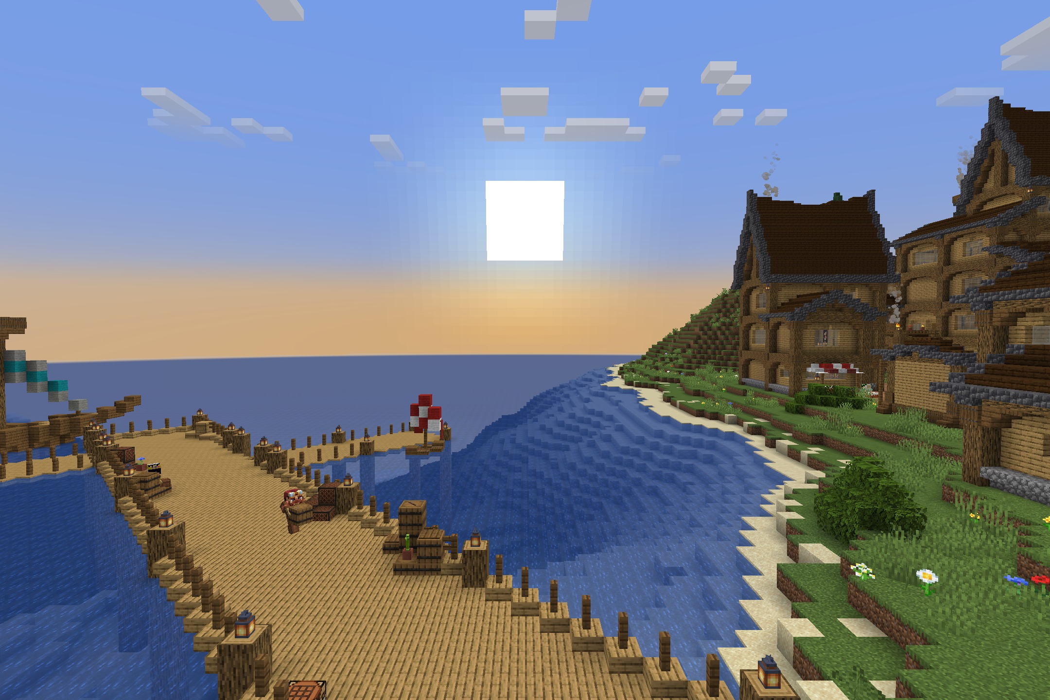 OutlinedOres by Drafys Resource Pack Screenshot 9 A wooden pier and coastal houses in a Minecraft village during a bright sunset