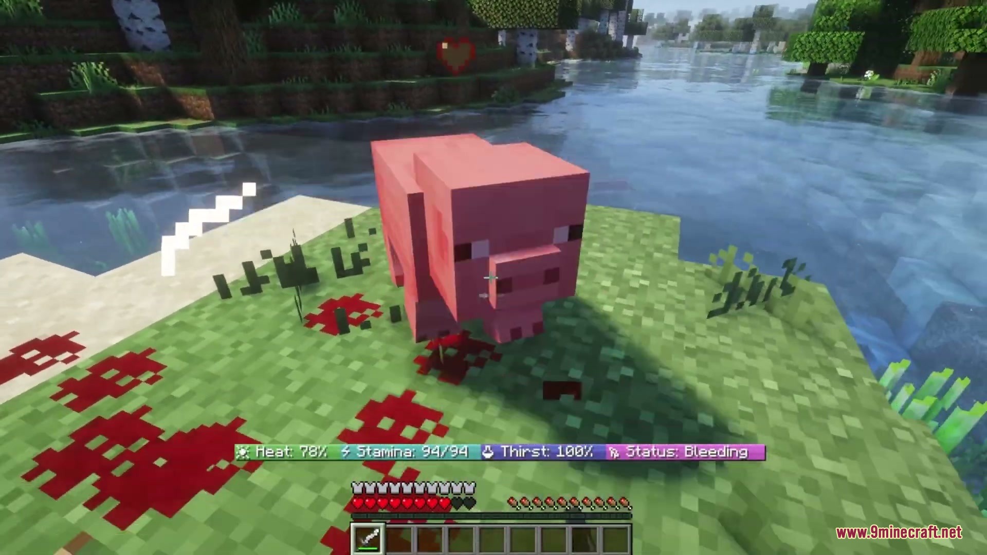 Overly Realistic Mod Screenshot 3 A pig stands on grass with blood splatters and a survival status bar