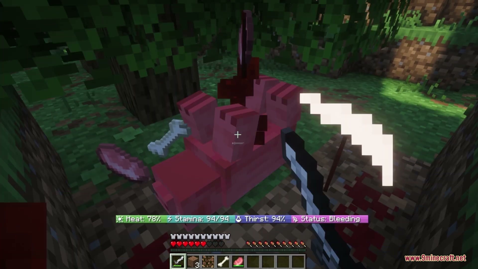 Overly Realistic Mod Screenshot 4 A dead pig lies on the ground with dropped items and blood splatters