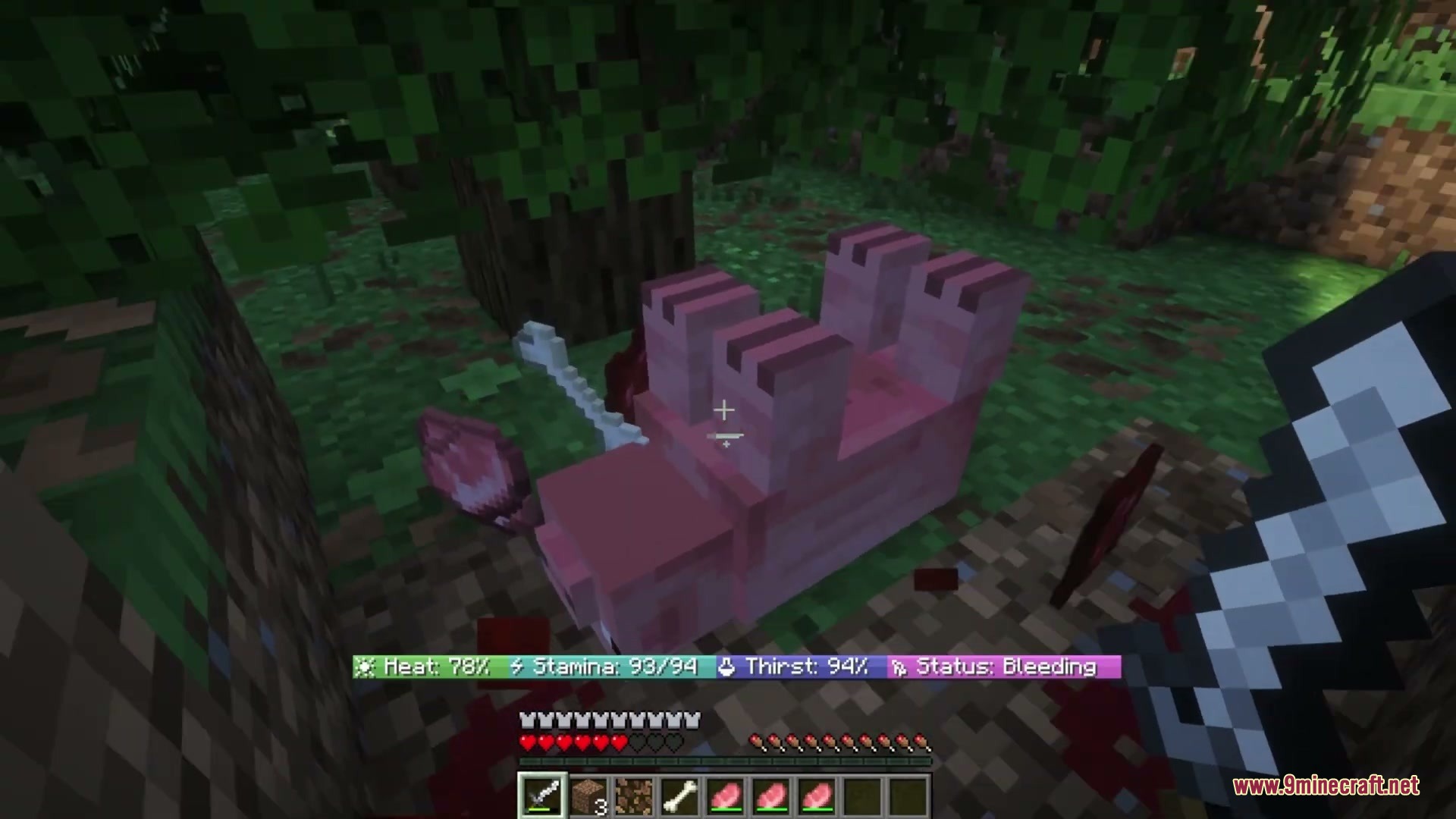 Overly Realistic Mod Screenshot 5 A dead pig lies on the ground with blood and survival status indicators