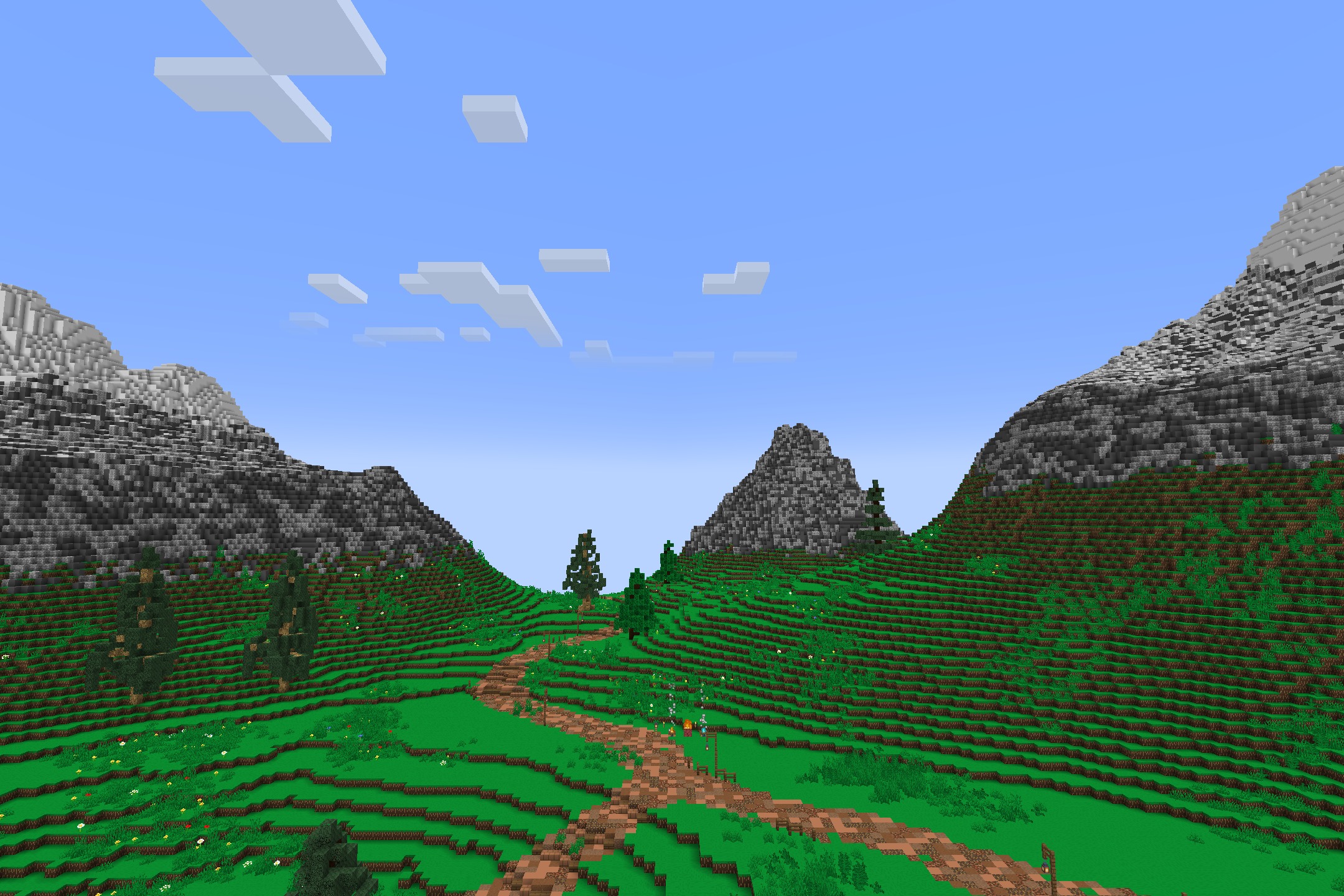 Oxygen-Os Resource Pack Screenshot 10 A vibrant green valley with a dirt path leading through tall mountains