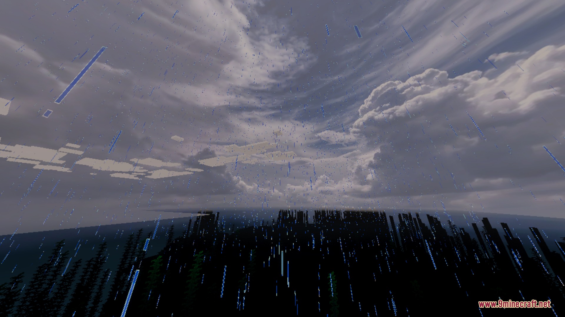 Heavy rain falling over a dark forest in Minecraft with realistic sky effects