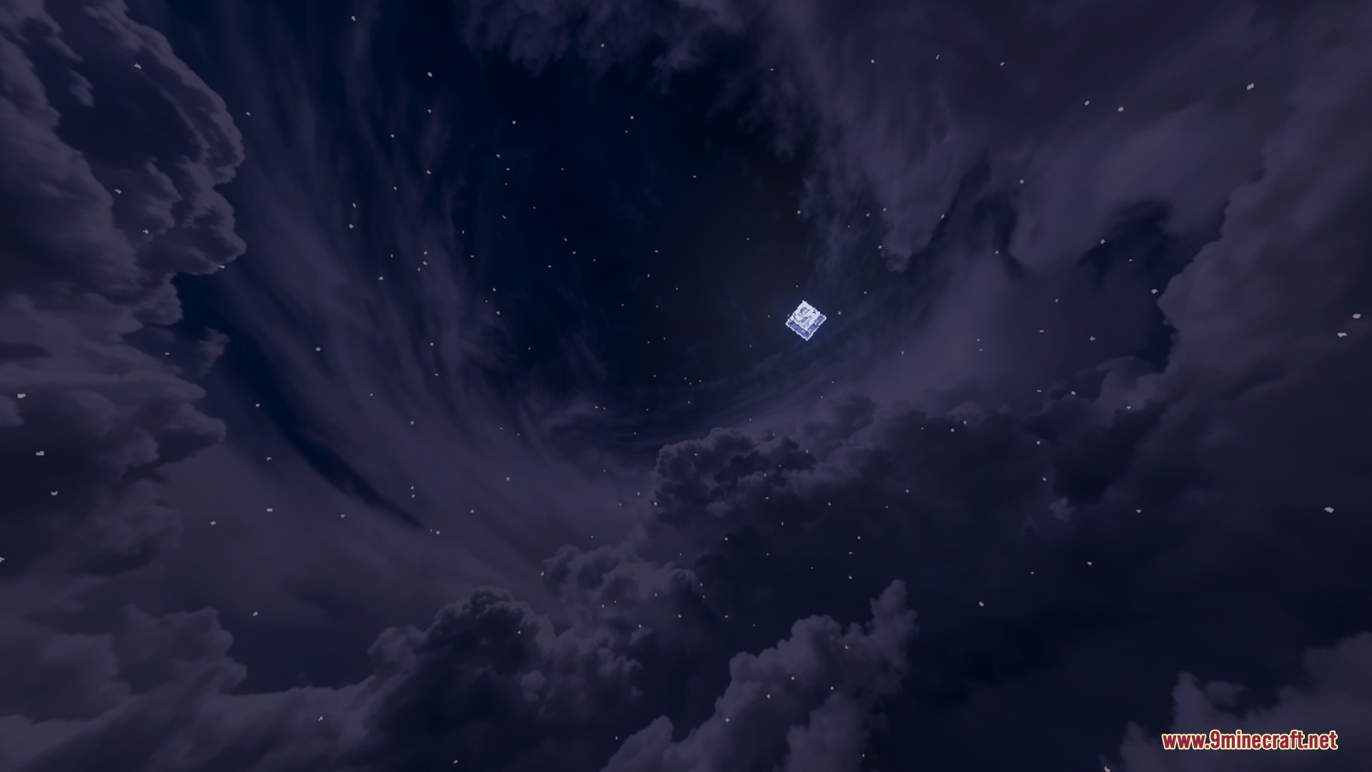 The square moon shines through realistic clouds in a dark starry sky