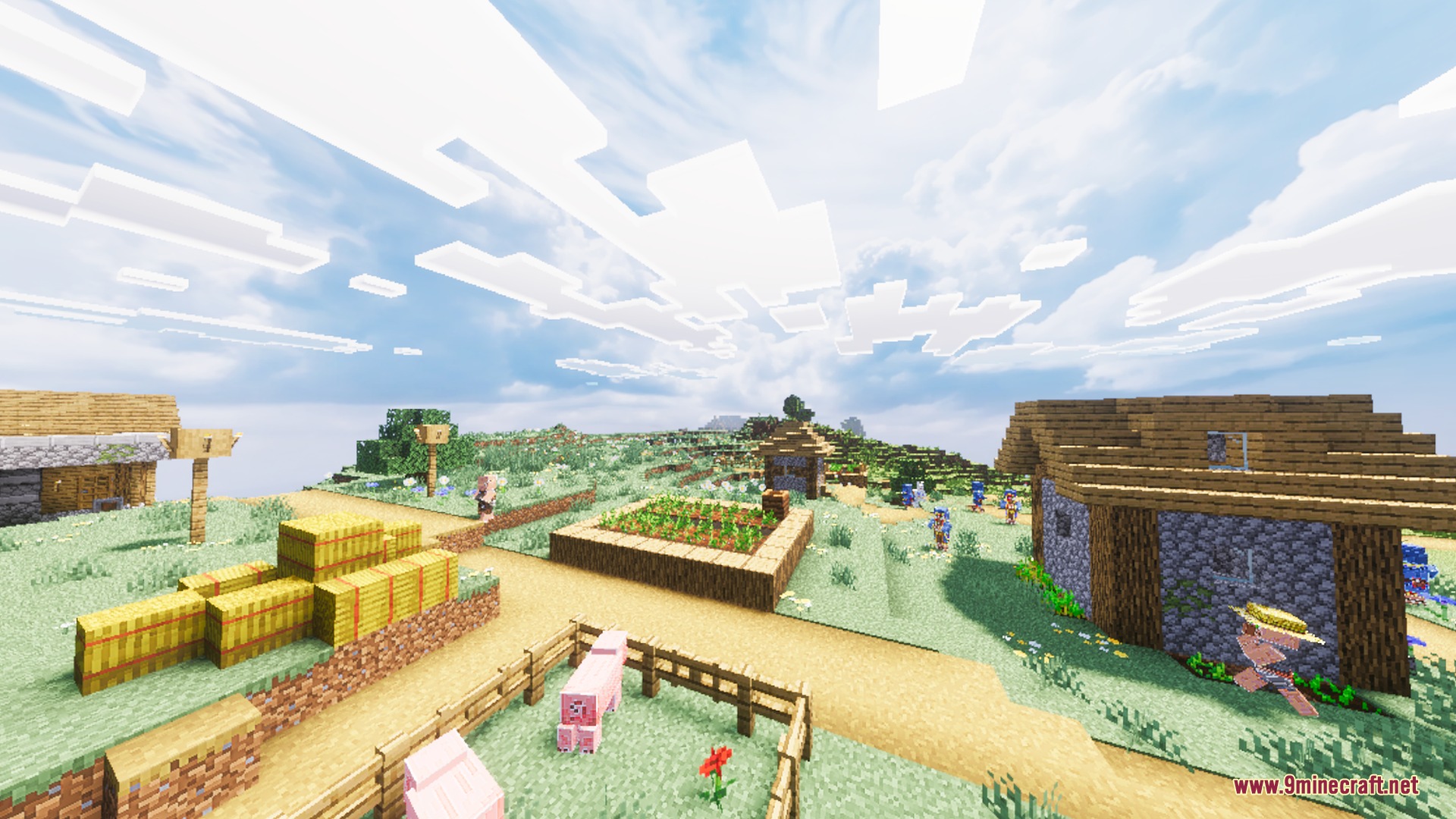 A sunny Minecraft village featuring hay bales and pigs under a bright sky