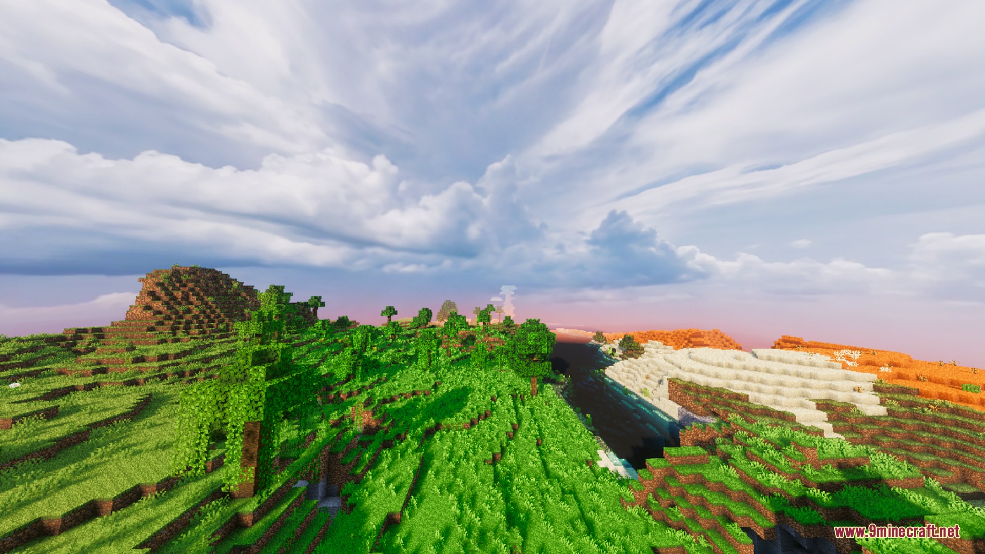 Vibrant landscape with green hills and a river under a realistic cloudy sky