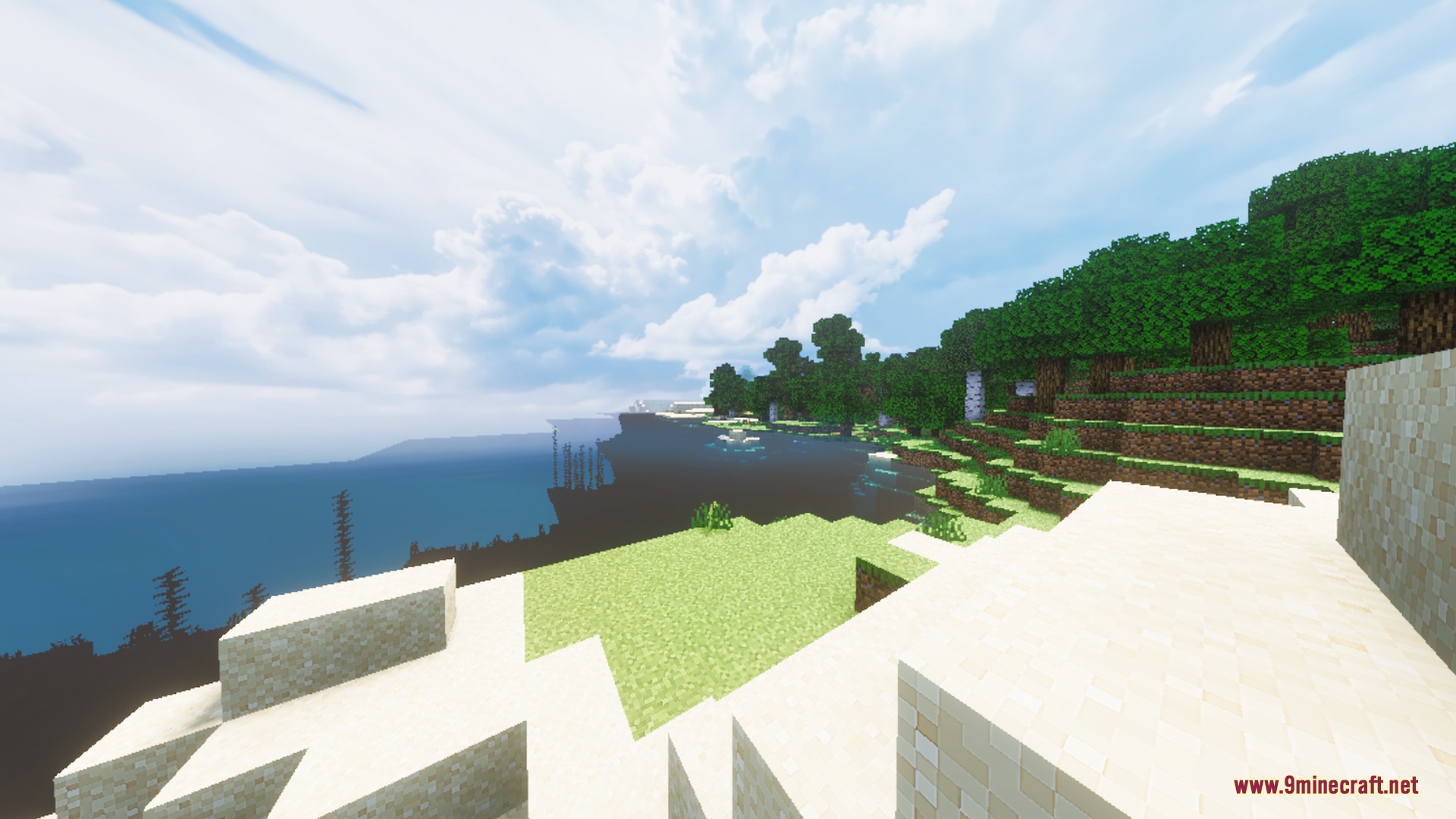 Bright coastal landscape in Minecraft featuring a sandy beach and realistic cloud textures
