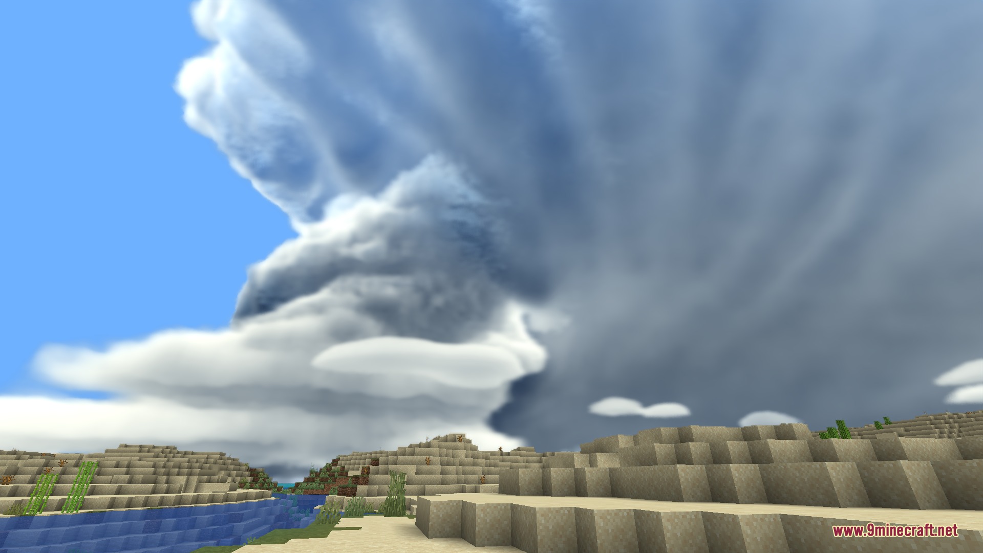 PM Weather CM1 Mod Screenshot 1 Massive realistic supercell storm clouds looming over a desert biome in Minecraft