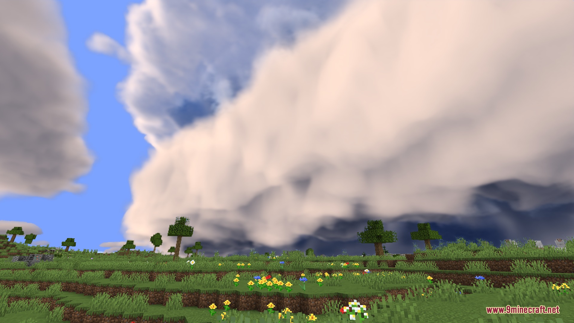 PM Weather CM1 Mod Screenshot 4 Realistic dark shelf clouds loom over a peaceful green flower field landscape