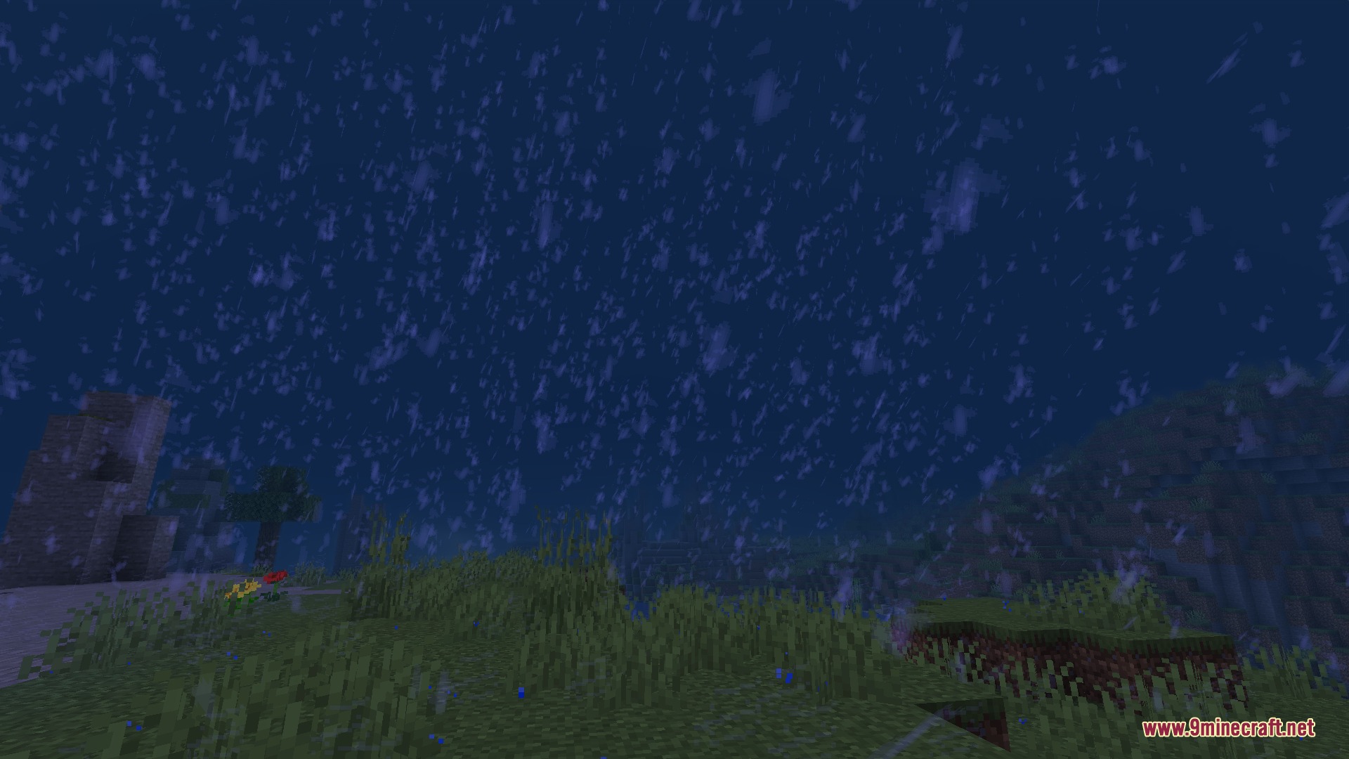 PM Weather CM1 Mod Screenshot 5 Heavy rain and storm particles falling over a dark landscape at night