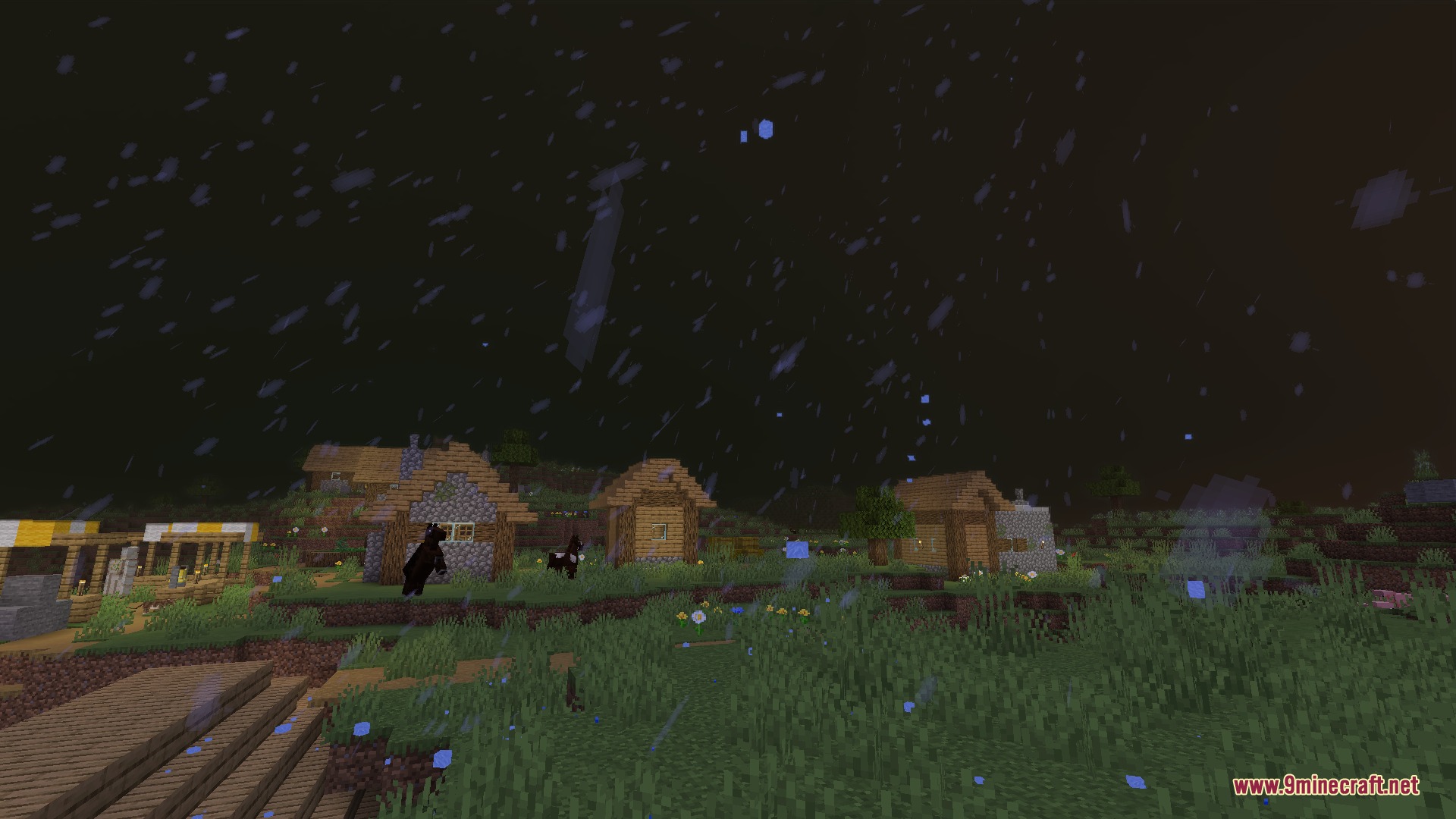PM Weather CM1 Mod Screenshot 6 A village with wooden houses under a dark sky during a rainstorm