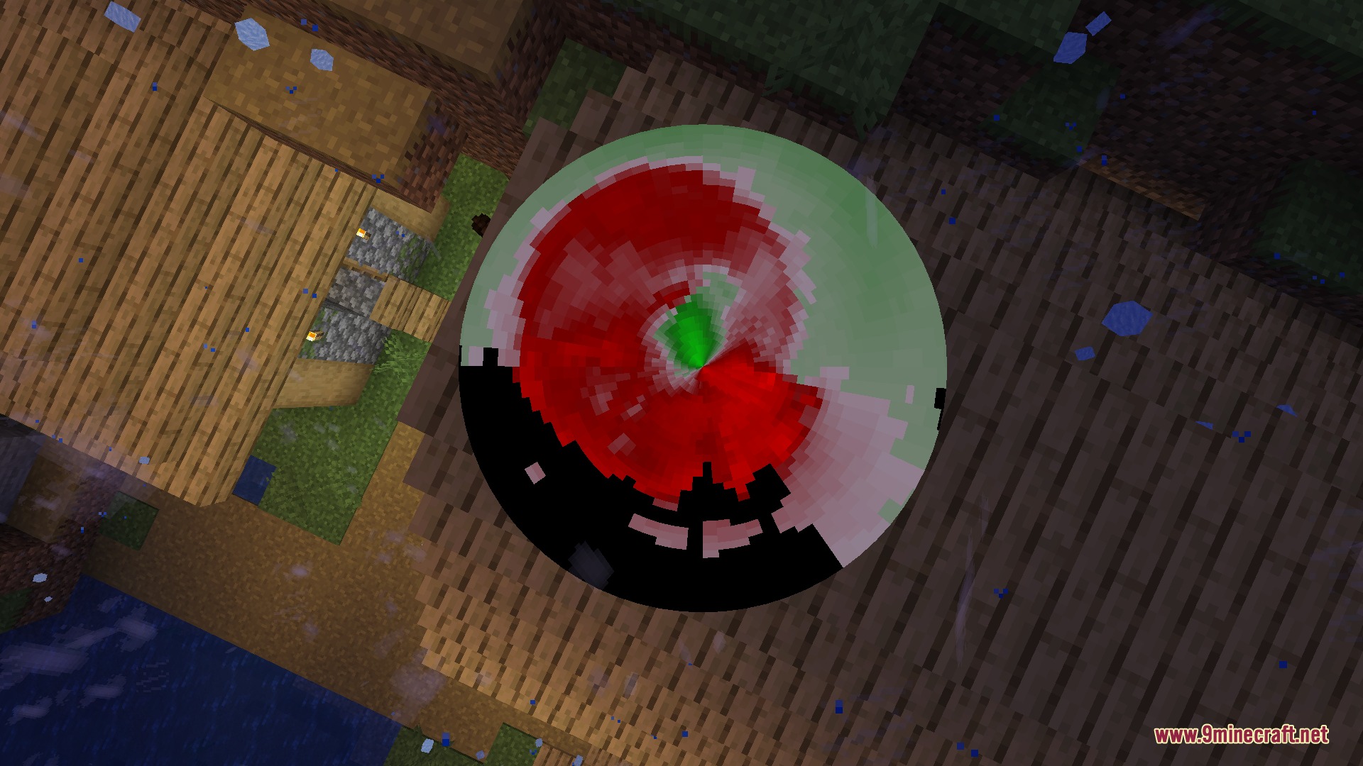 PM Weather CM1 Mod Screenshot 7 A circular weather radar displays storm activity above a Minecraft village