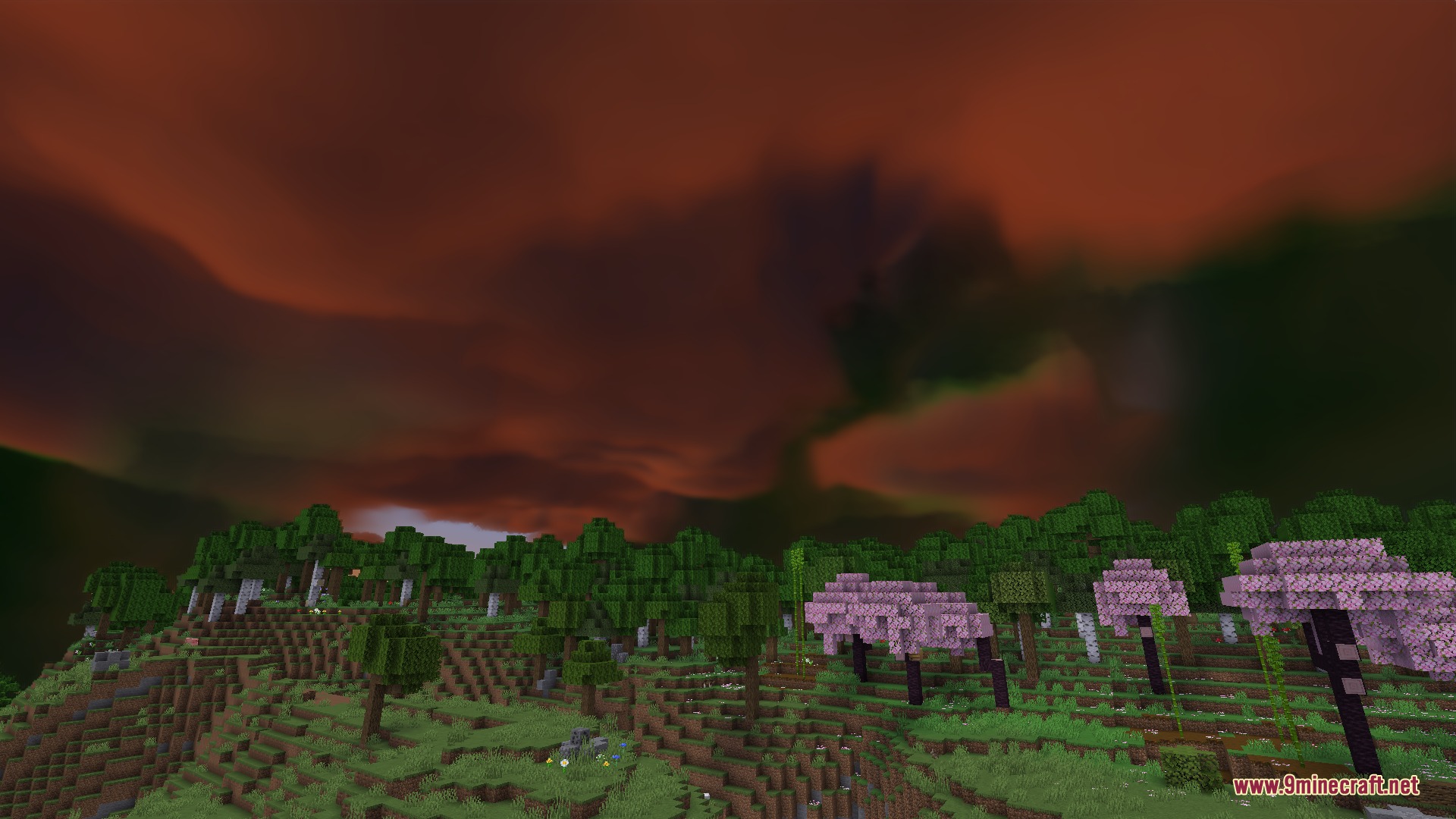 PM Weather CM1 Mod Screenshot 8 Dark storm clouds and a reddish sky loom over a Minecraft forest landscape