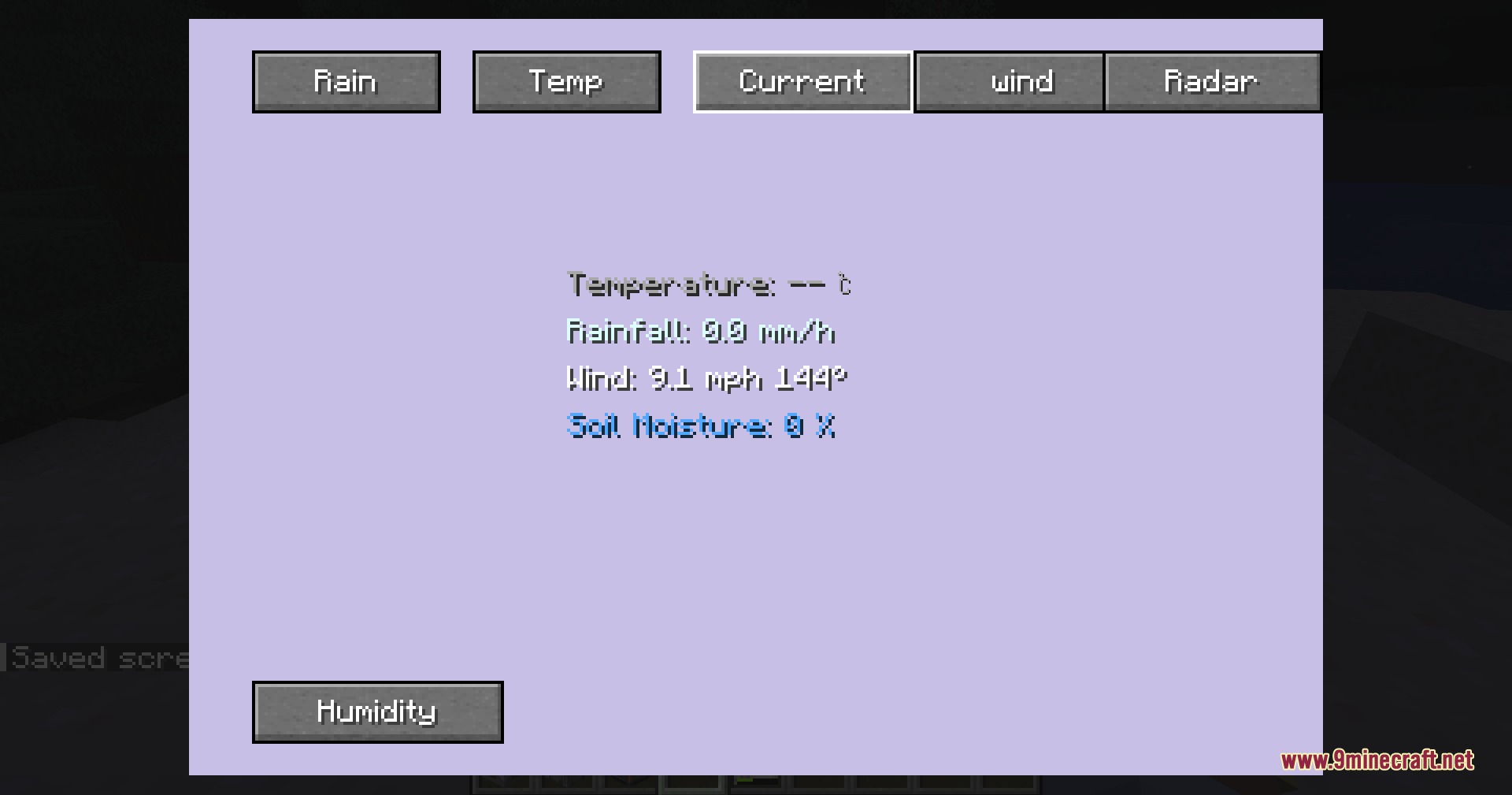 PMW Advanced Observatory Mod Screenshot 1 Minecraft weather interface displaying current environmental data like temperature rainfall and wind