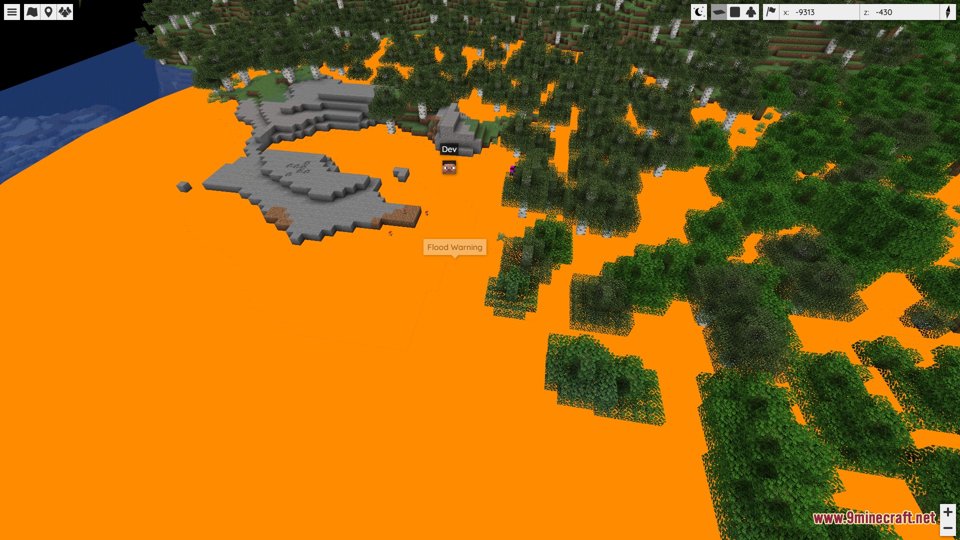 PMW Advanced Observatory Mod Screenshot 7 Top down map view displaying a large flood warning zone in Minecraft