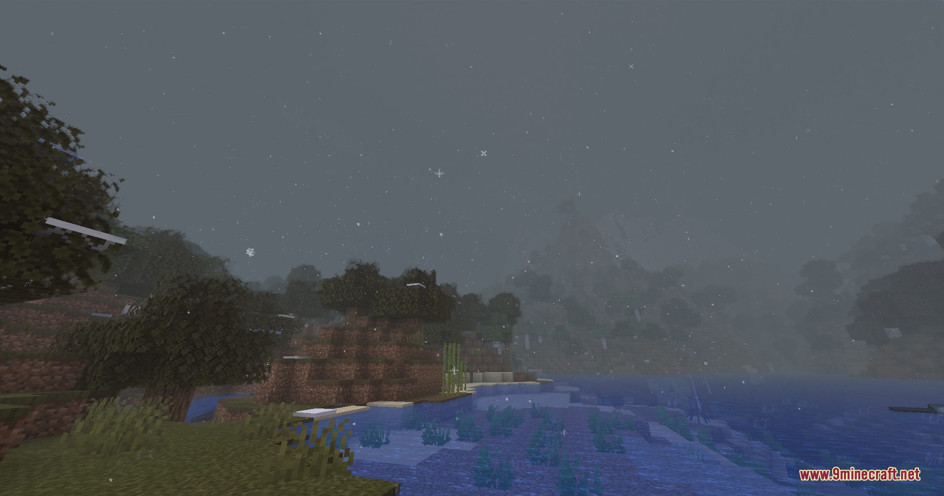 PMW Precipitation Redone Resource Pack Screenshot 1 Snow falls over a river and trees in a misty Minecraft landscape