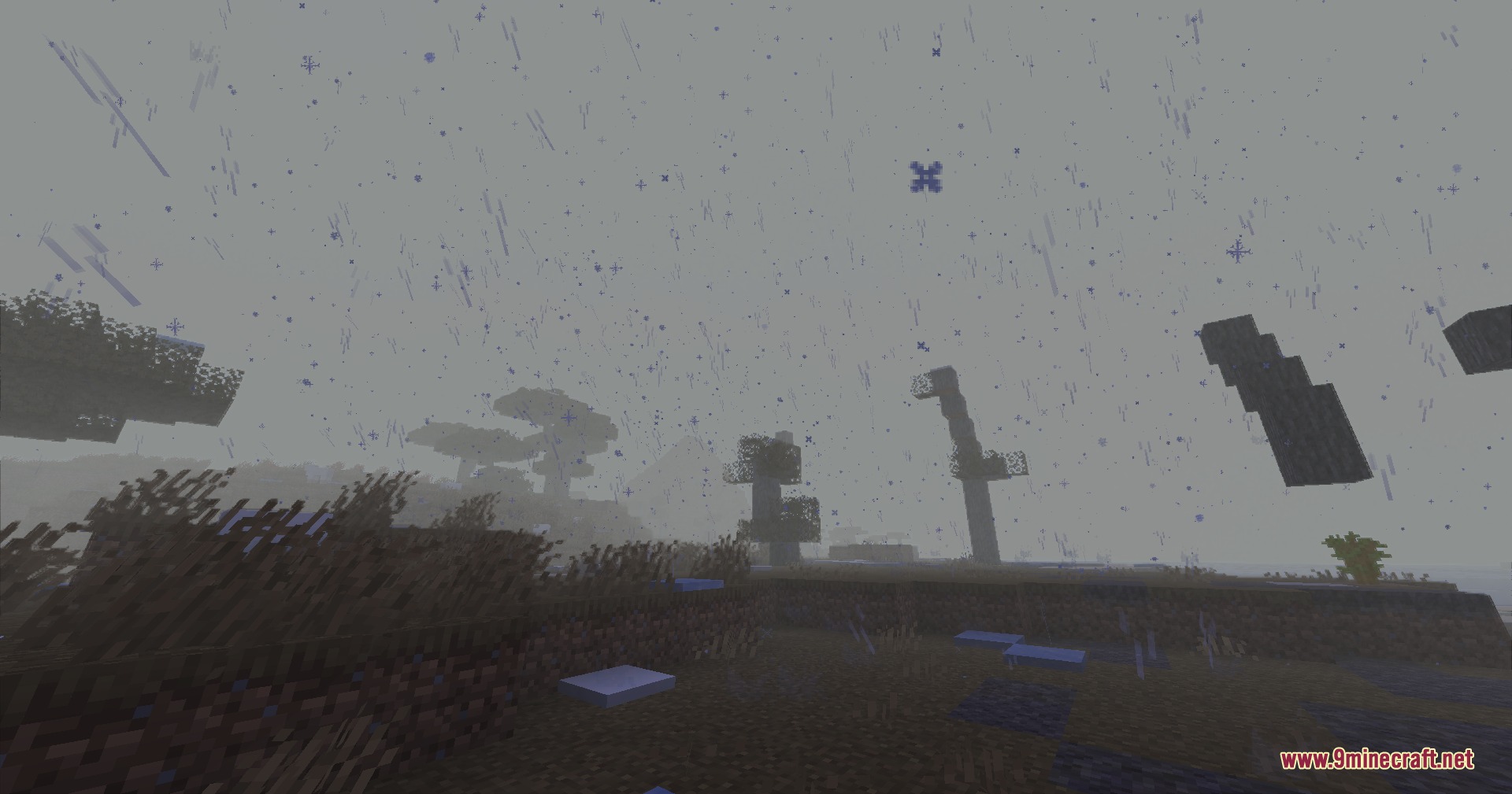 PMW Precipitation Redone Resource Pack Screenshot 4 Smaller raindrops falling over a dark savanna biome with floating islands and trees
