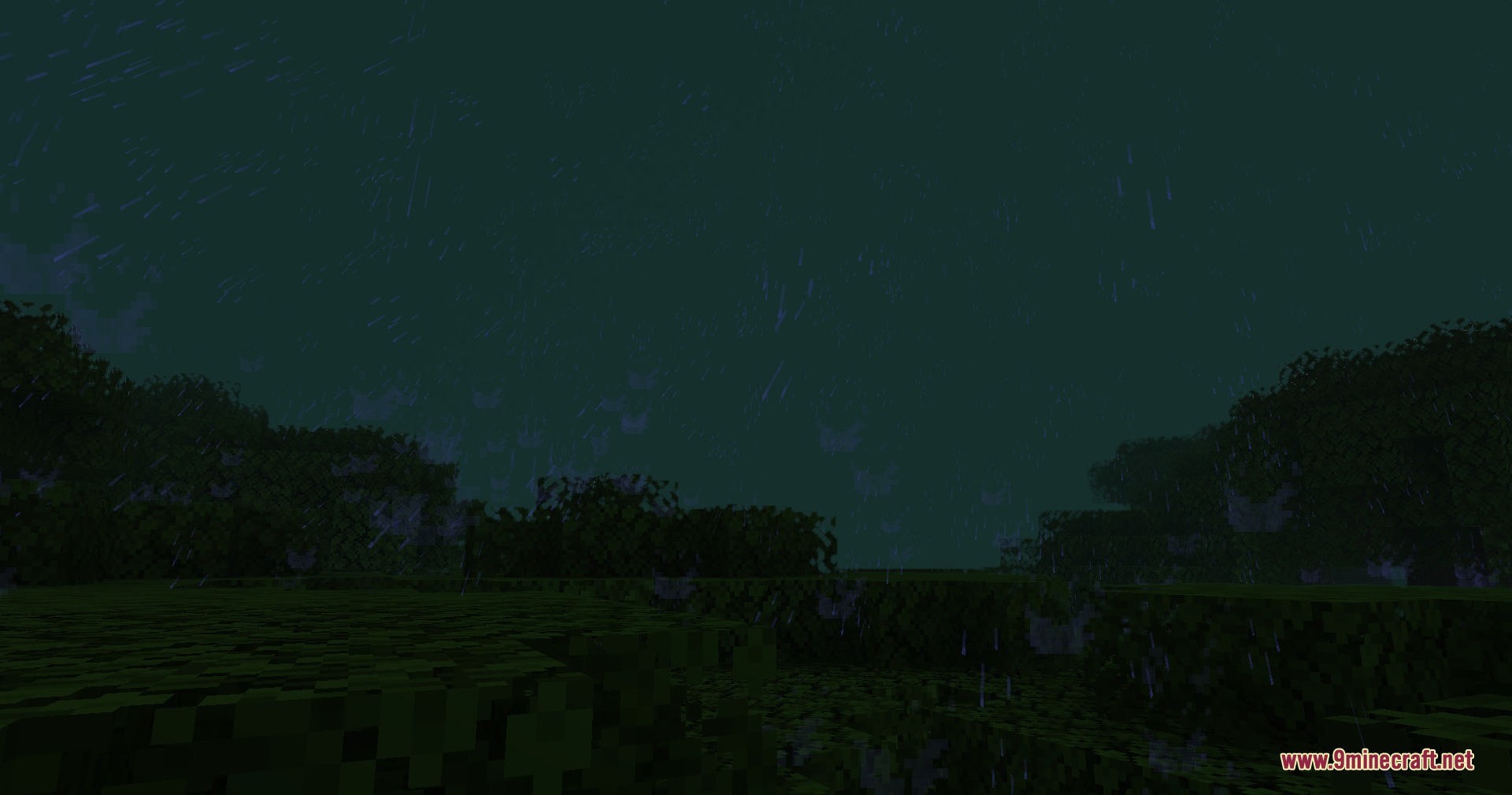 PMW Precipitation Redone Resource Pack Screenshot 6 Intense rain streaks falling over a dark forest landscape during a stormy night